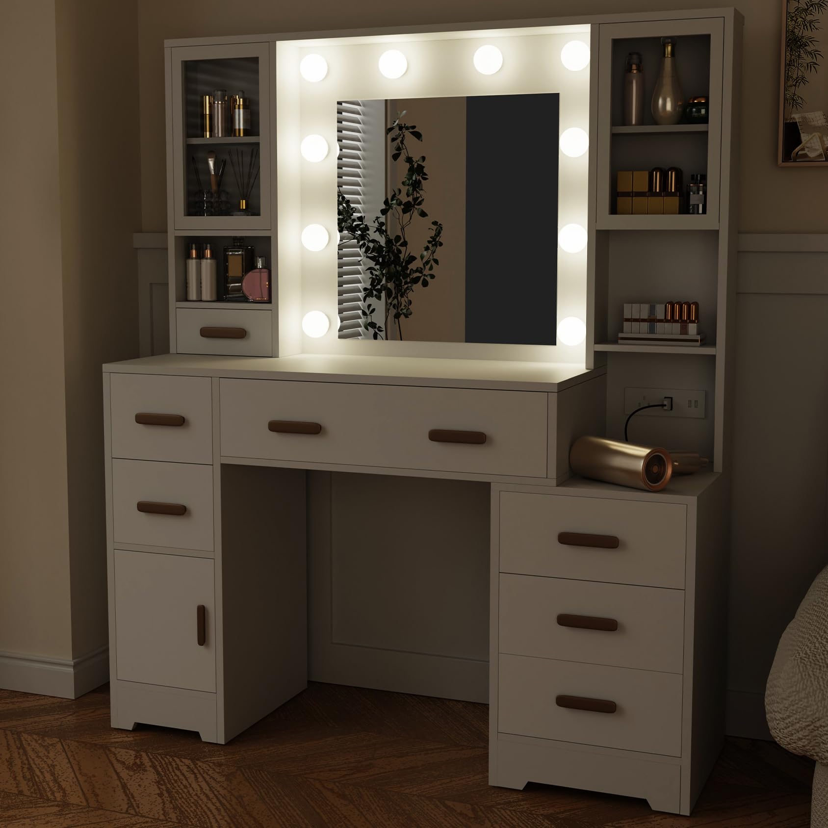 AISALL 48.8" Makeup Vanity, Large Vanity Desk with Mirror and Lights, Makeup Desk with Charging Station, Vanity Dresser with 7 Drawers for Bedroom Dressing Room, for Women, Girls, White