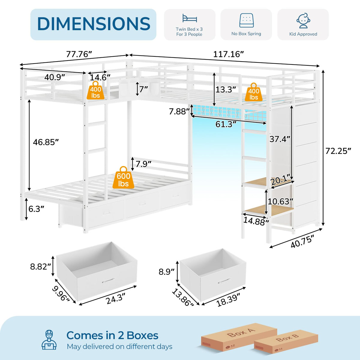 L-Shaped Triple Bunk Bed with Storage & LED Lights