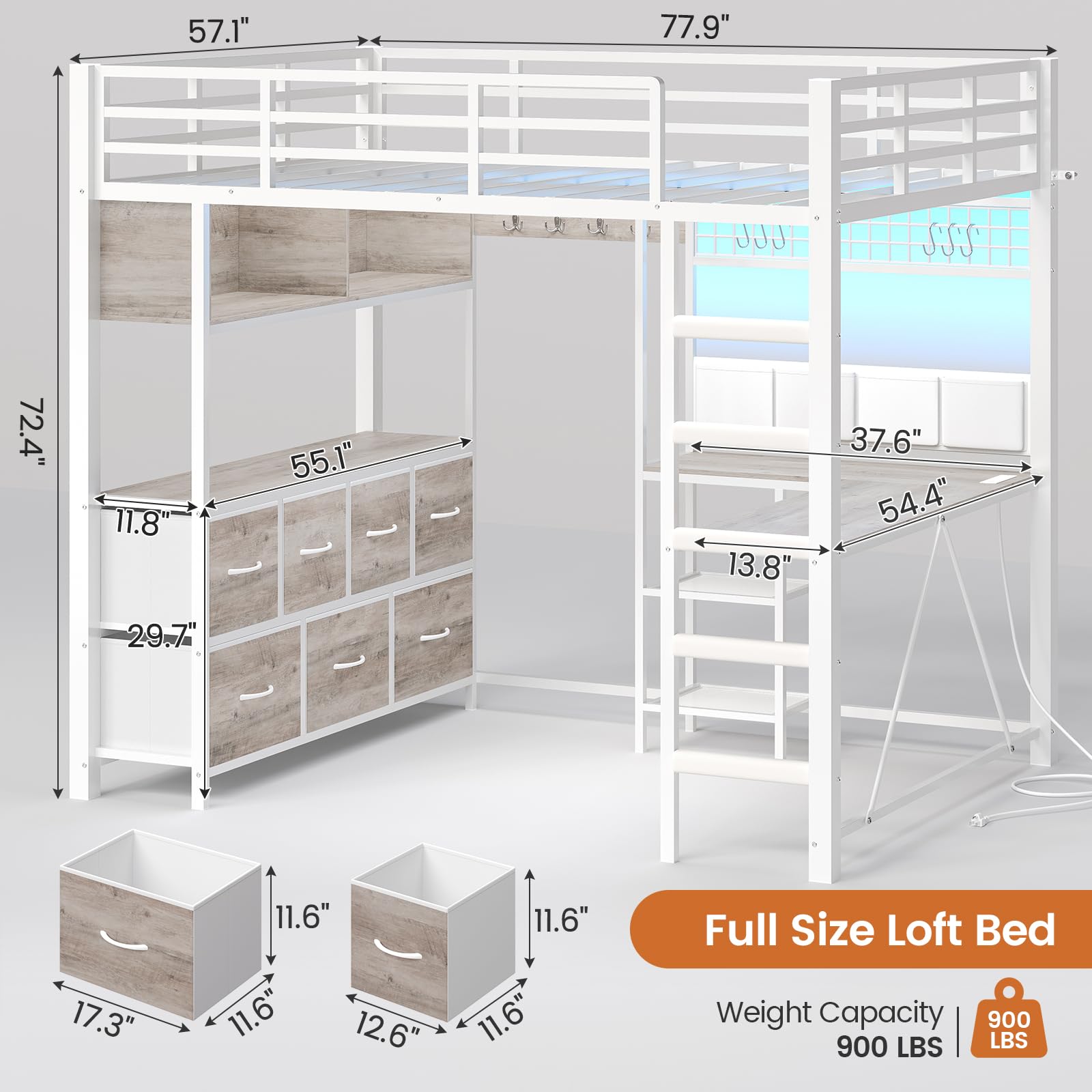 Full Size Loft Bed with Desk, Drawers & LED Lights
