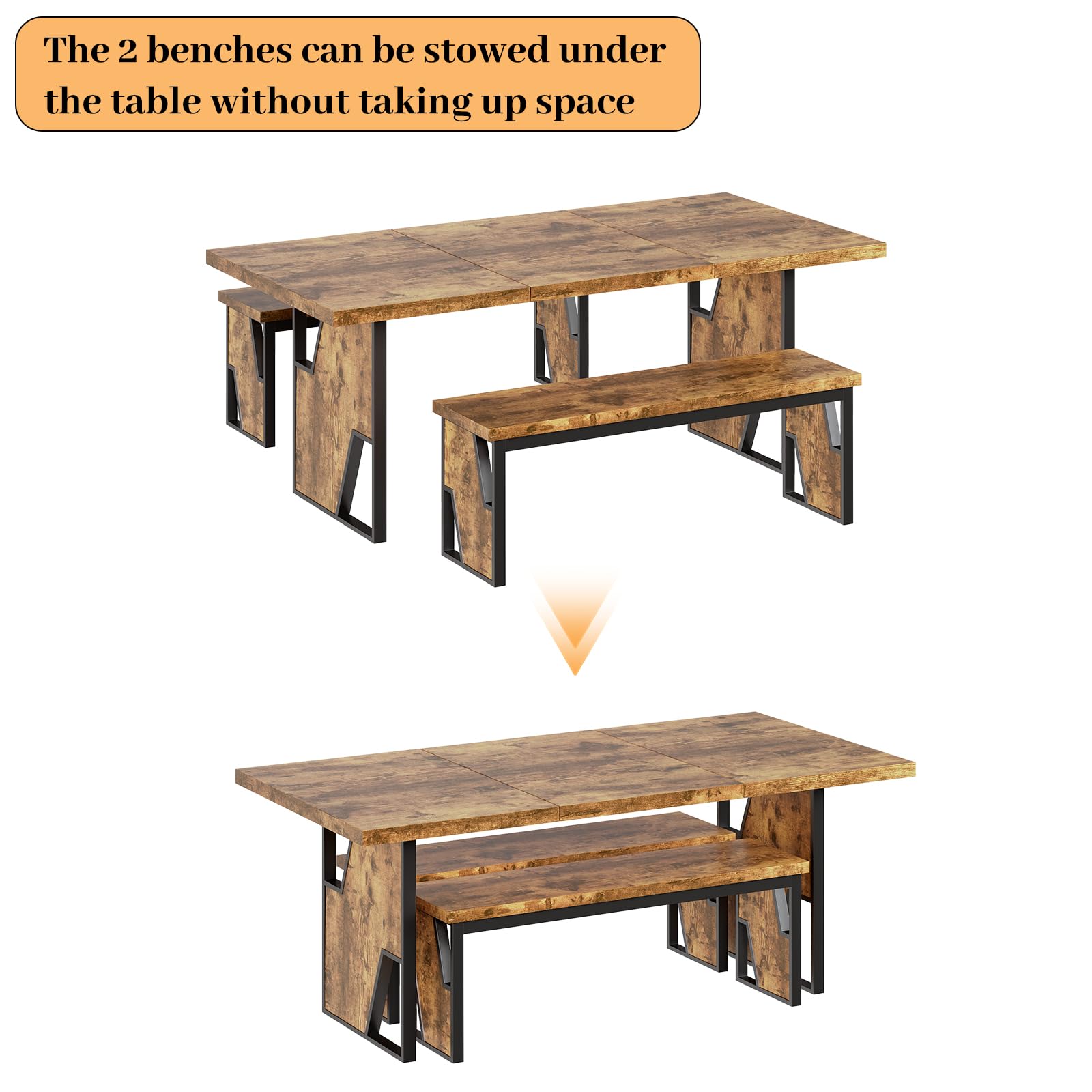 70.8-Inch Dining Table Set with 2 Benches | MDF & Metal | Seats 6-8