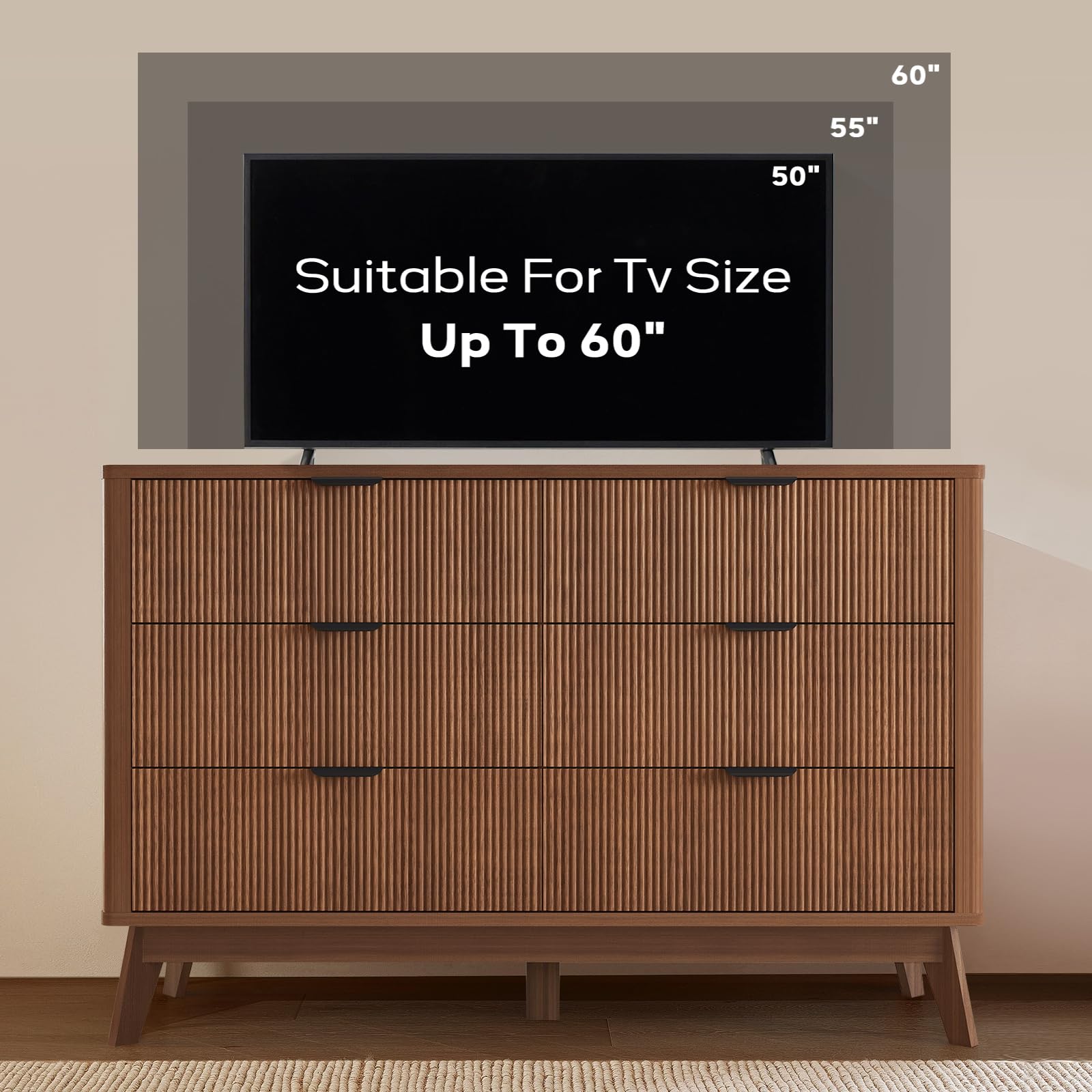 GRAINLLE Fluted Dresser for Bedroom,49.6'' Modern Wooden Walnut Dresser with 6 Drawers, Bedroom Dressers, Natural Wood Chest of Drawers for Living Room, Hallway (Walnut)