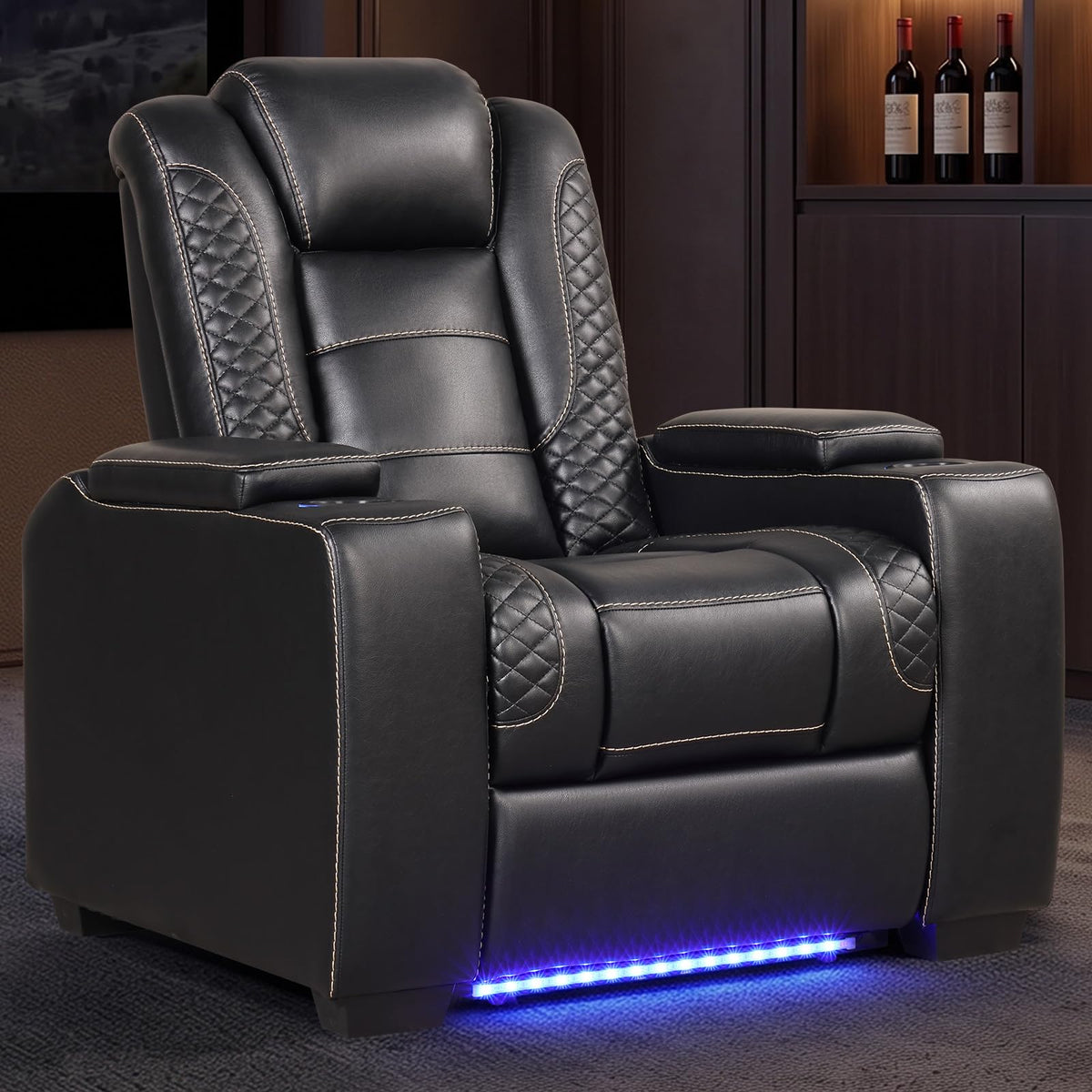 EBELLO Power Home Theater Seating, Electric Gaming Recliner Chair with Adjustable Headrest, Faux Leather Movie Reclining Chairs with Cup Holders LED Lights,USB Port,Hidden Arm Storage, Black