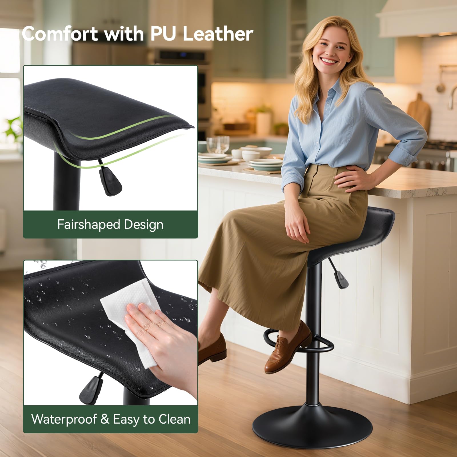 Vogue Furniture Direct Adjustable Bar Stools Set of 2, Modern Swivel PU Leather Airlift Barstools, Backless Kitchen Counter Height Bar Chair for Dining Room (Black, Black Base)