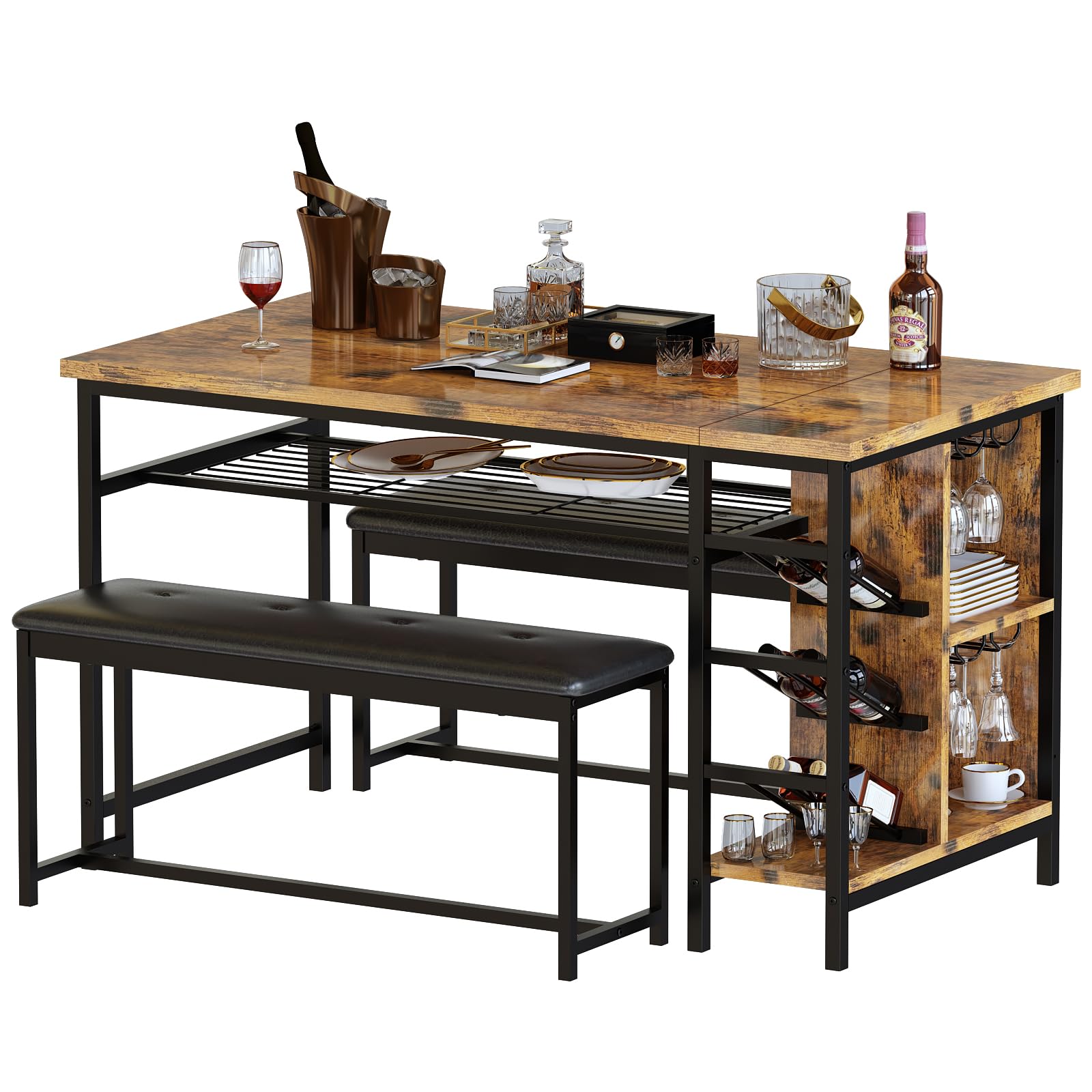AWQM Space Saving Dining Table Set for 2-4 People, 53" Kitchen Table with 2 Upholstered Bench, Dinner Table with Wine Rack Glass Holder and Storage Shelf, 3-Piece Dinette Table for Small Apartment