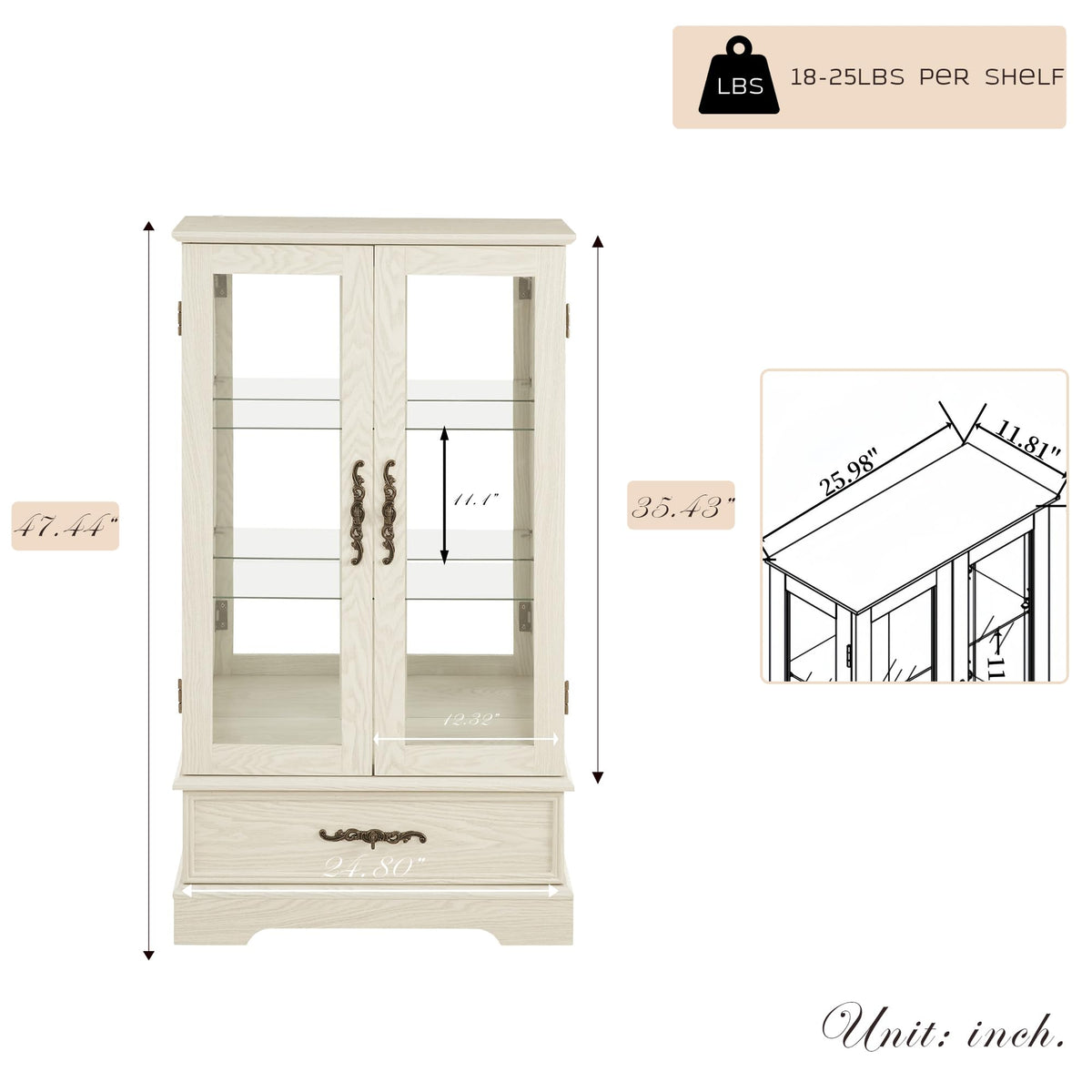 47" Lighted Glass Accent Curio Cabinet, 3-Tier Antique Storage Cage with Adjustable Shelves & Drawer, Acrylic Mirrored Pane, Light Bulb Included, Small China Cabinet for Living Room (Antiqe White)