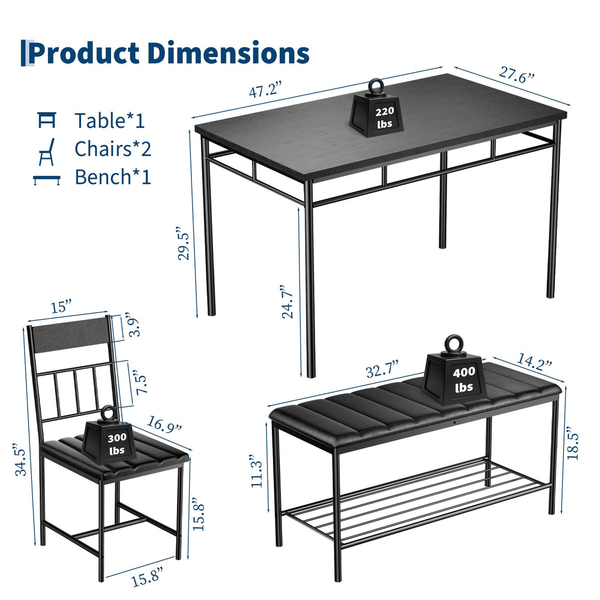 IDEALHOUSE 4-Piece Modern Dining Table Set, Kitchen Table with Upholstered Chairs and Bench, Kitchen Table Set for Small Space, Apartment, Home, Studio