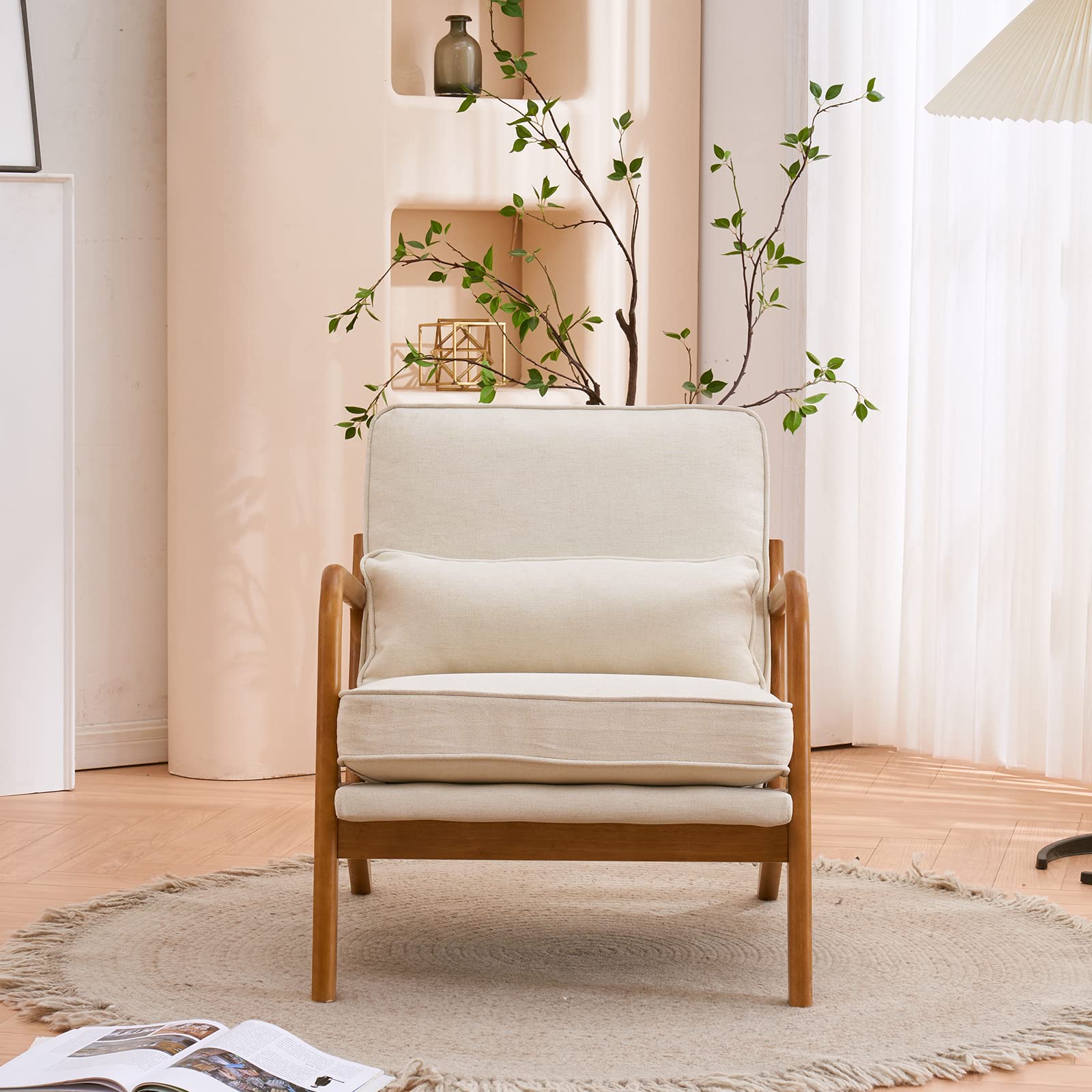 Mid-Century Accent Chair with Pillow, Solid Wood Frame – Beige