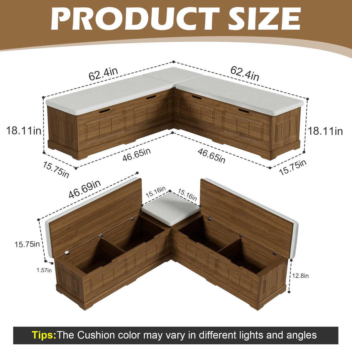 PAKASEPT Breakfast Nook Bench, L Shaped Storage Bench with Cushion
