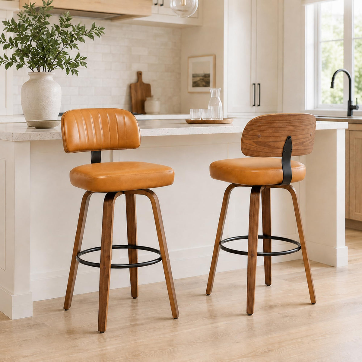 MEKLIBA 30 Inch Bar Stools Set of 2, Swivel Bar Chairs, Bar Height Bar Stools with Backs, Bar Stools for Kitchen Island& Home Bar,Brown