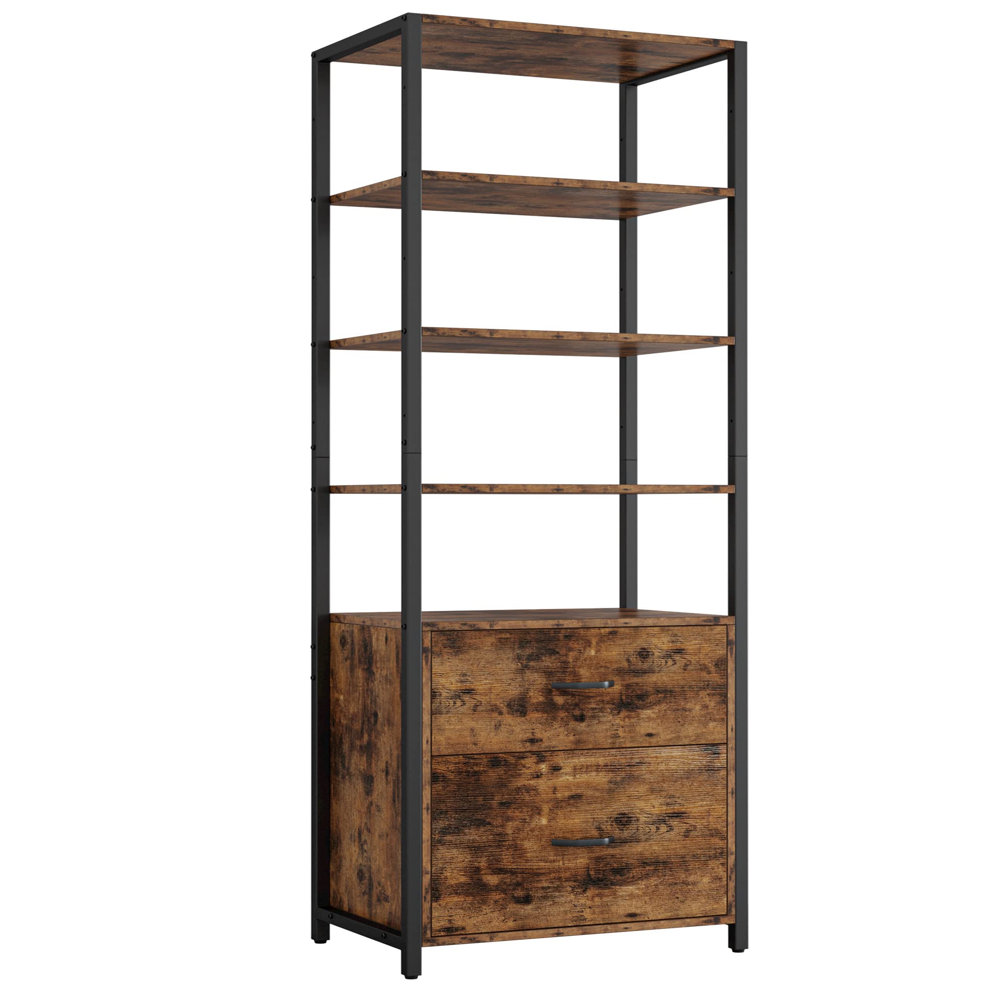 5-Tier Industrial Bookcase with File Cabinet Drawers