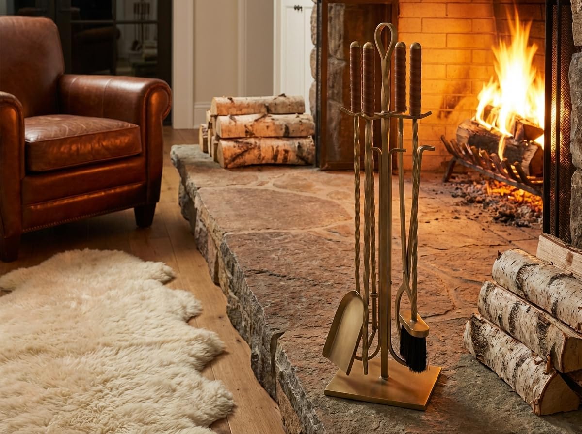 5-Piece Wrought Iron Fireplace Tool Set with Leather Handles