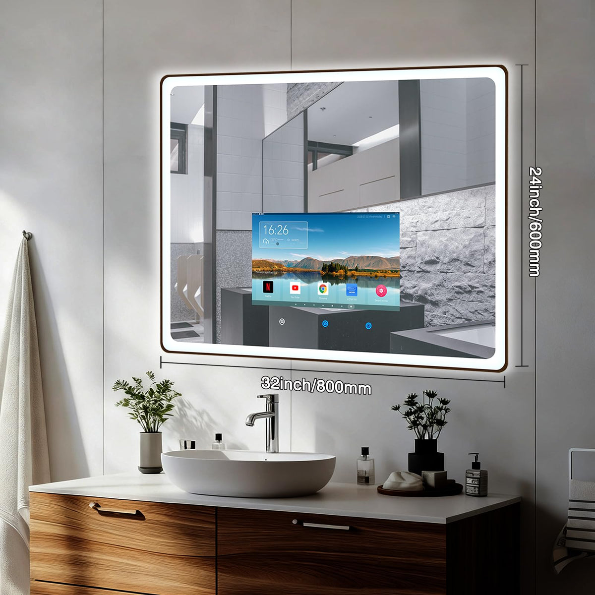 YOURYOKE 32×24 Inch Smart Vanity Bathroom Mirror with 15.6" Waterproof Touchscreen TV, Android OS, WiFi/Bluetooth/HDMI, Anti-Fog, 3-Color LED Lights for Bathroom,Bedroom,Hotel&Spa Wall Mounted