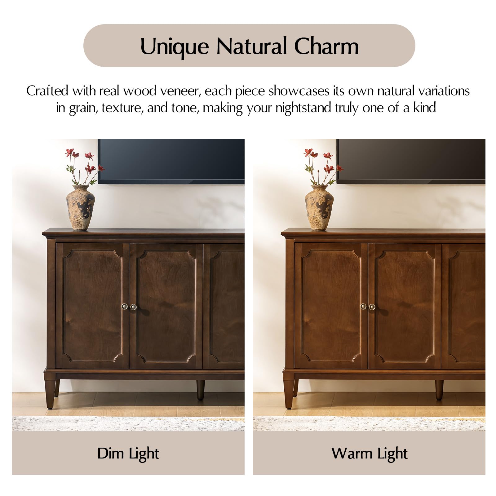 HULALA HOME Mid-Century Modern Sideboard Cabinet, 4-Door Storage Buffet, 58" W x 15.75" D x 32.2" H, Adjustable Shelves, Solid Rubberwood Legs(Walnut)