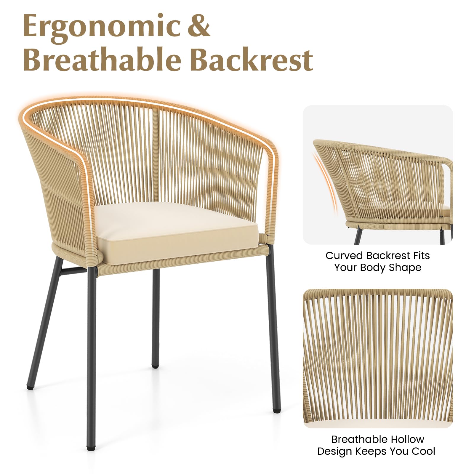 Tangkula Patio Chairs Set of 4, Outdoor Accent Chairs with Woven Rope Curved Backrest & Armrests, Seat Cushion, Adjustable Foot Pads, Modern Dining Chair for Dining Room, Patio, Backyard, Beige