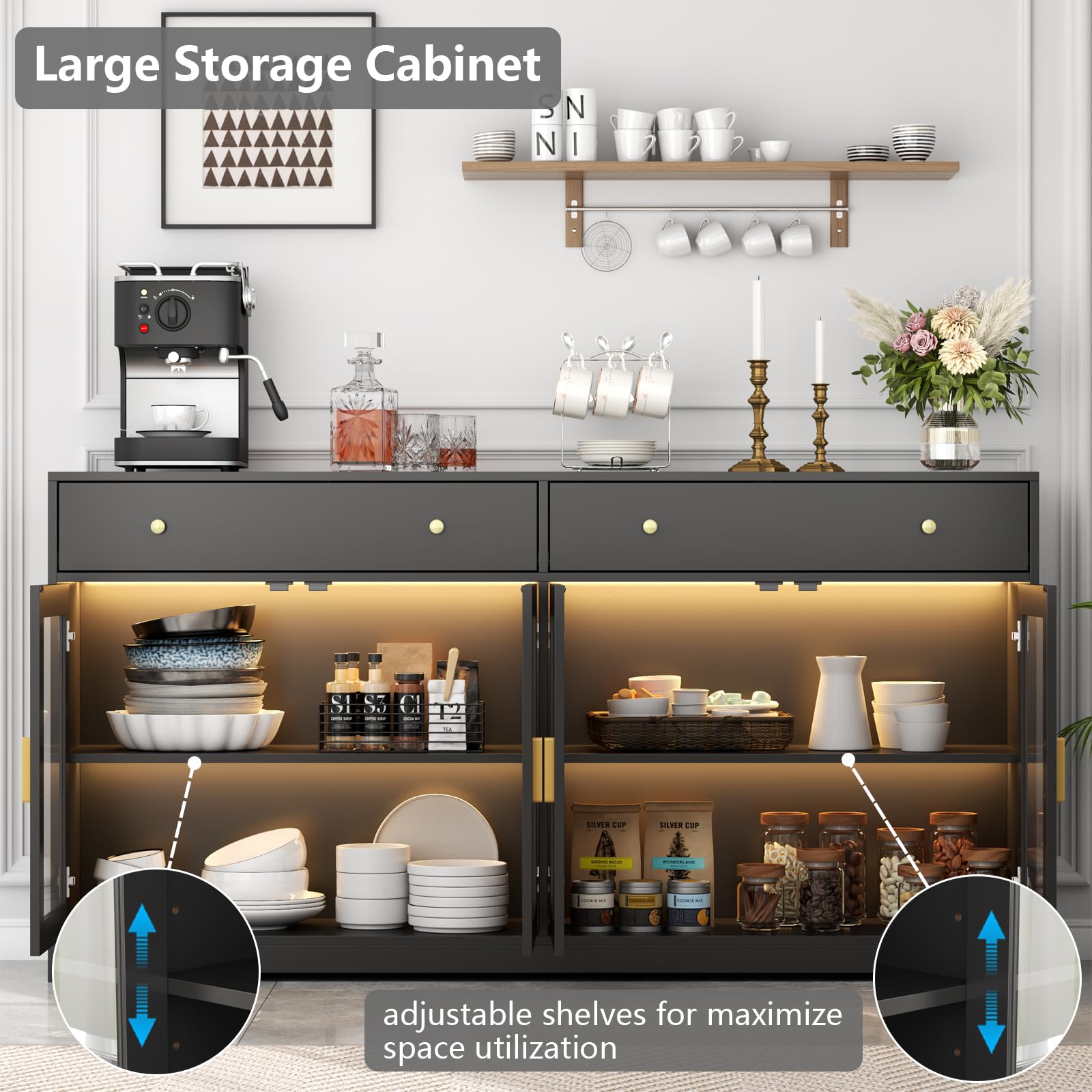 Sideboard Buffet Cabinet with LED Lights – Black