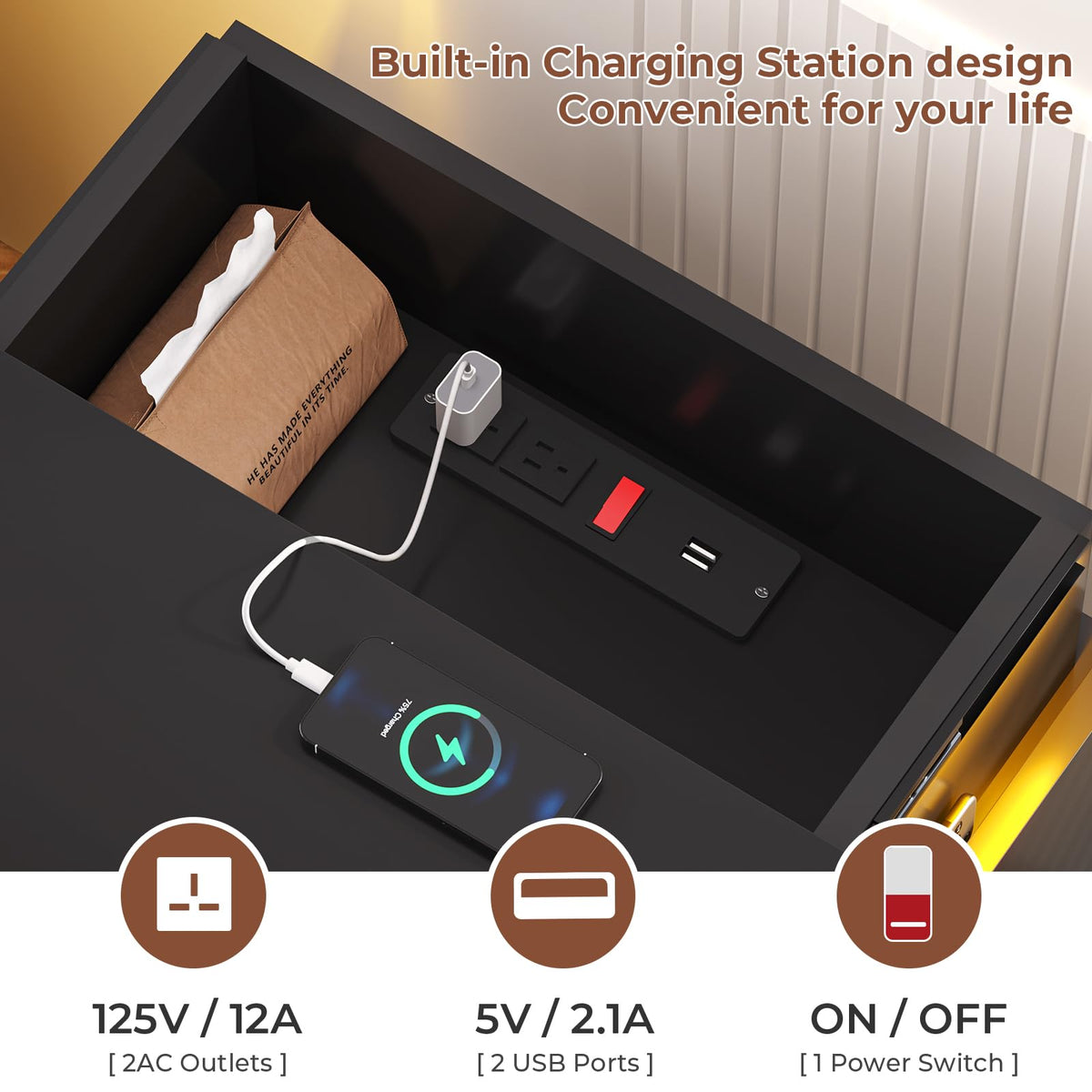 LED Nightstands with Charging Station, Set of 2