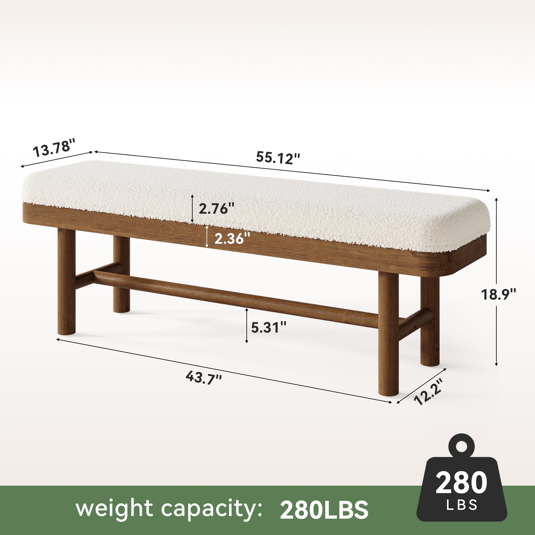 TRIBEWOOD 55" Upholstered Bedroom Bench, Solid Wood End of Bed Bench, Modern Indoor Bench with Cushion for Bedroom, Living Room, White & Brown