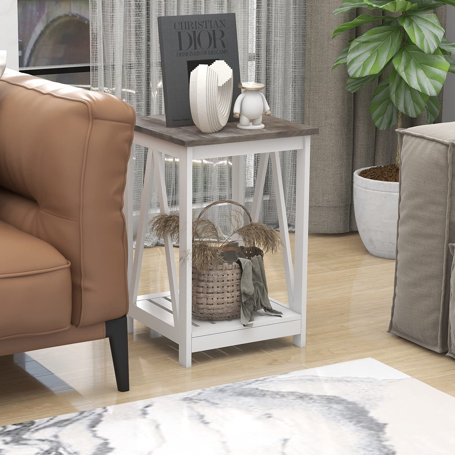 UYIHOME Farmhouse Square End Table, Accent Side Table with Slats Design, Sofa Side Table with Sturdy Frame for Living Room, Oak Grey