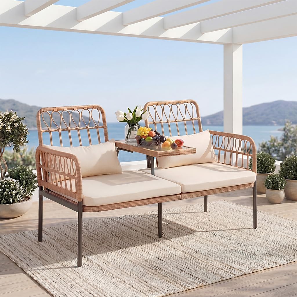 Outdoor Rattan Loveseat with Built-In Table & Cushions