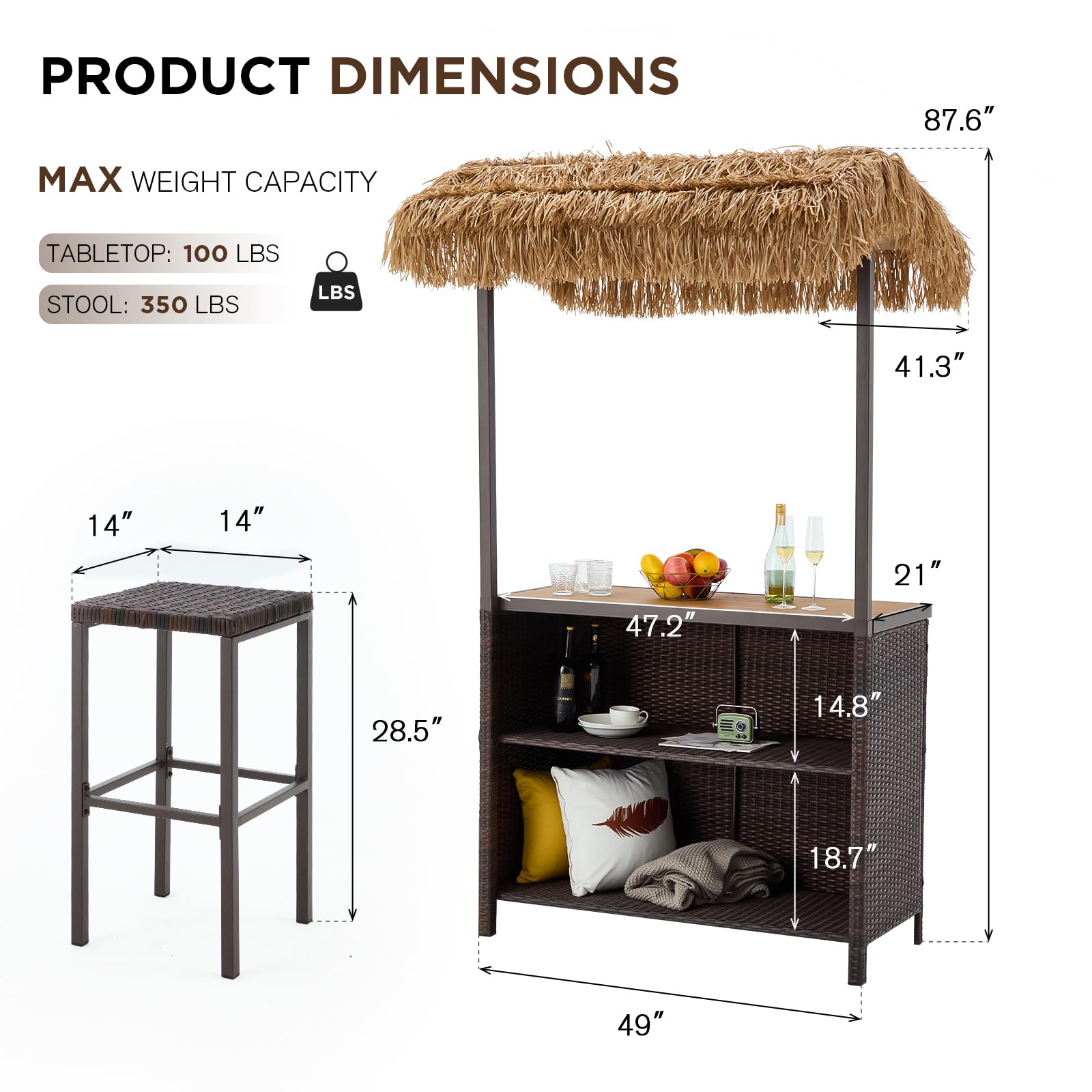 HOMREST Outdoor Tiki Bar Set, 3 Pieces Wicker Patio Bar Set w/2 Height Stools, Storage Shelf, Canopy, Plastic Wood Tabletop for Backyard Poolside Garden, Brown