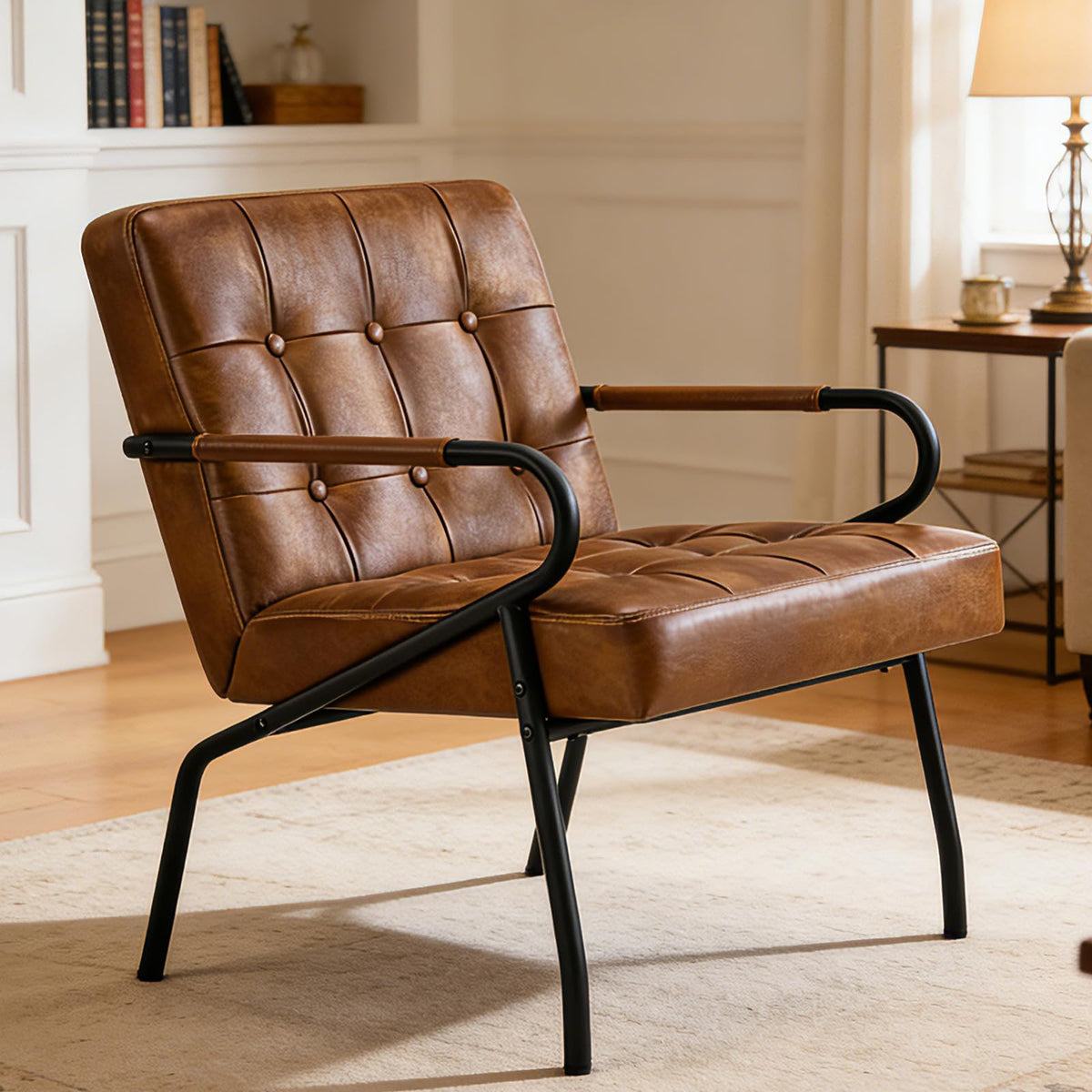 Leather Accent Chairs for Living Room, Mid-Century Modern Reading Chairs for Adults Comfy Lounge with Thick Cushion Metal Frame, 300lbs Capacity, Waiting Room/Bedroom/Home Office, Brown