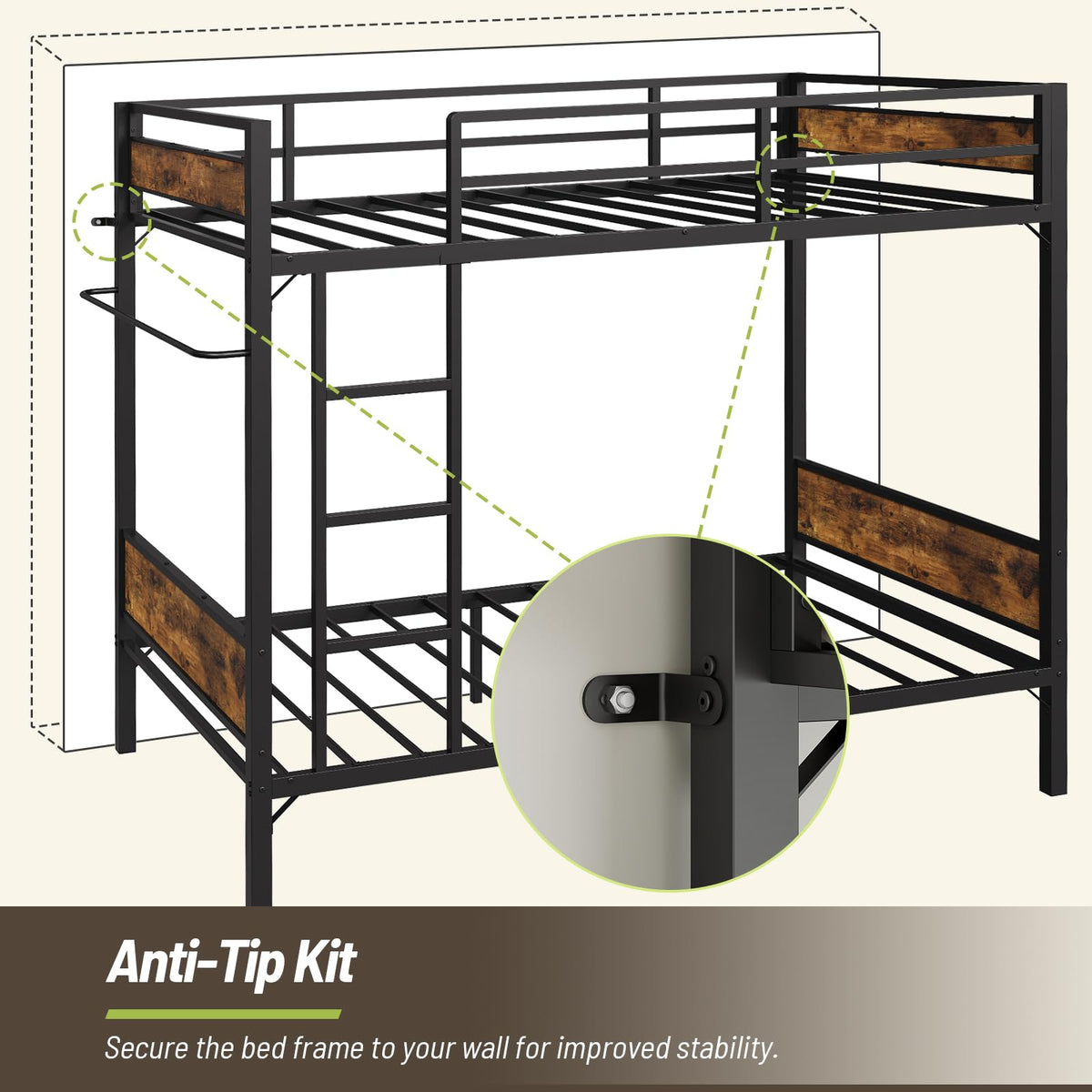 STHYTON Bunk Bed Twin Over Twin with High Guardrail, Metal Bunk Bed