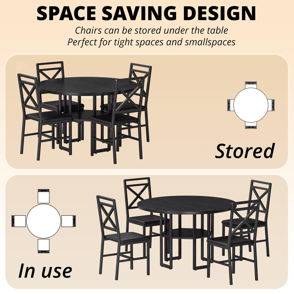 IRONCK Dining Table Set for 4, 47.2 inch Round Kitchen Table and 4 Chairs