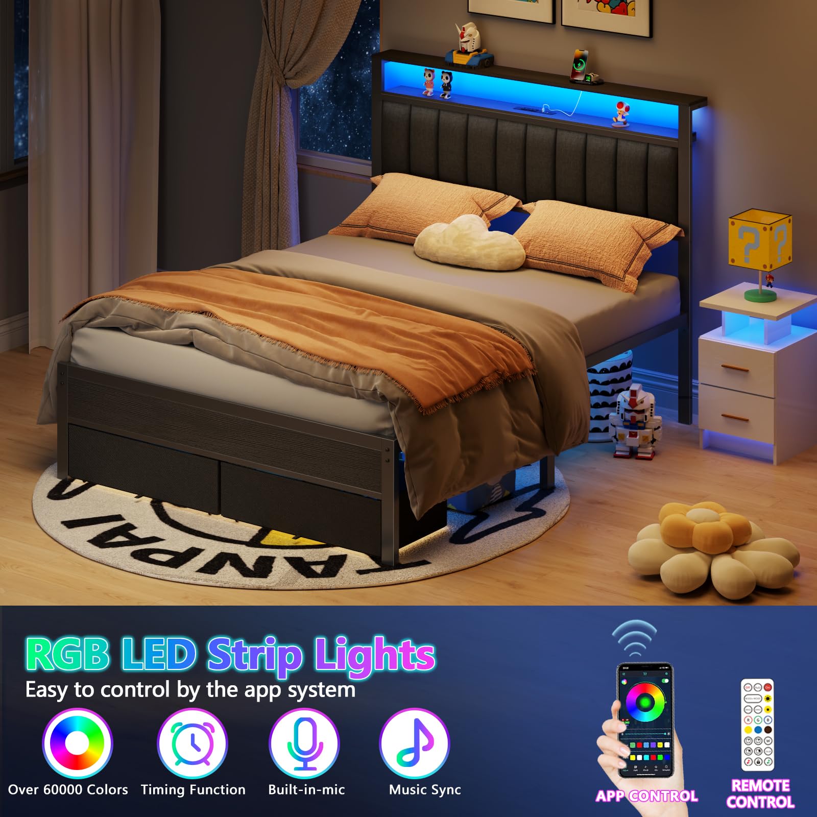 Platform Bed Frame with LED Lights, Charging Station & Storage Drawers