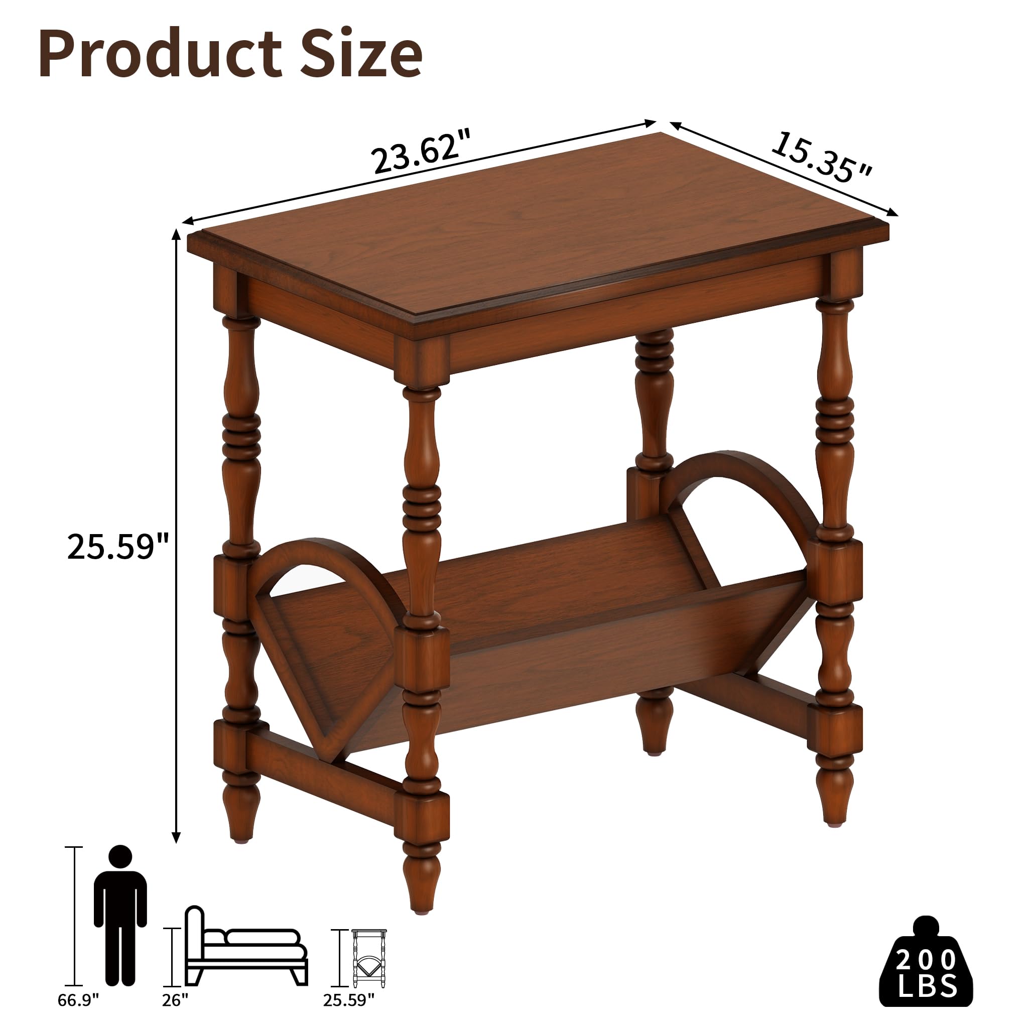 LKTART Wood End Table, Vintage Sofa Side Table with Magazine Rack and Rubberwood Legs, Bedside Table with Birch Wood Veneer Finish for Living Room Bedroom Small Space Home Office (Cherry)