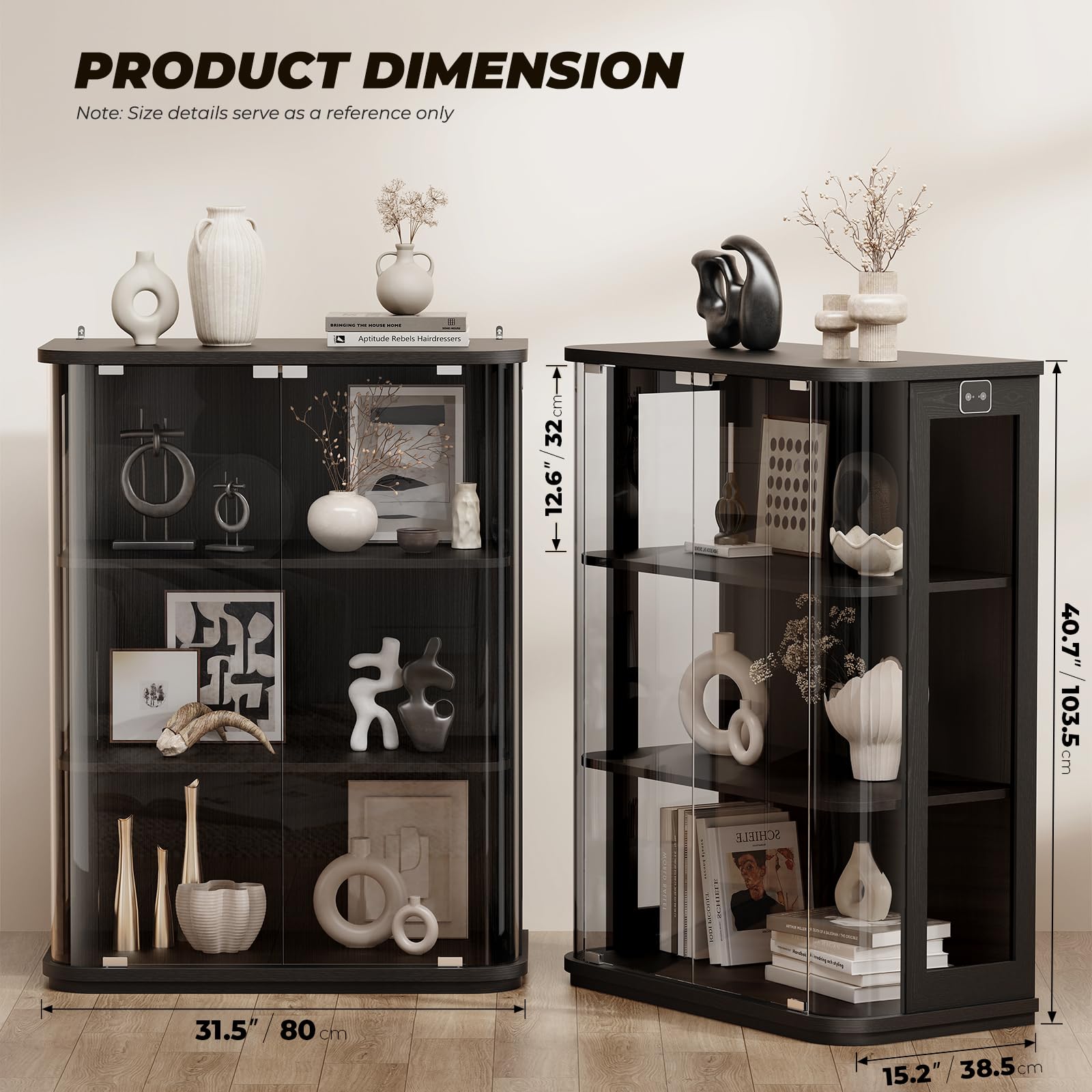 BROTTAR Rounded Display Cabinet with Glass Door, 3-Tier Curio Cabinet with 3 Color Lights for Collectibles, Glass Display Case with Transparent Full-Display Surface, Human Body Sensor, Black