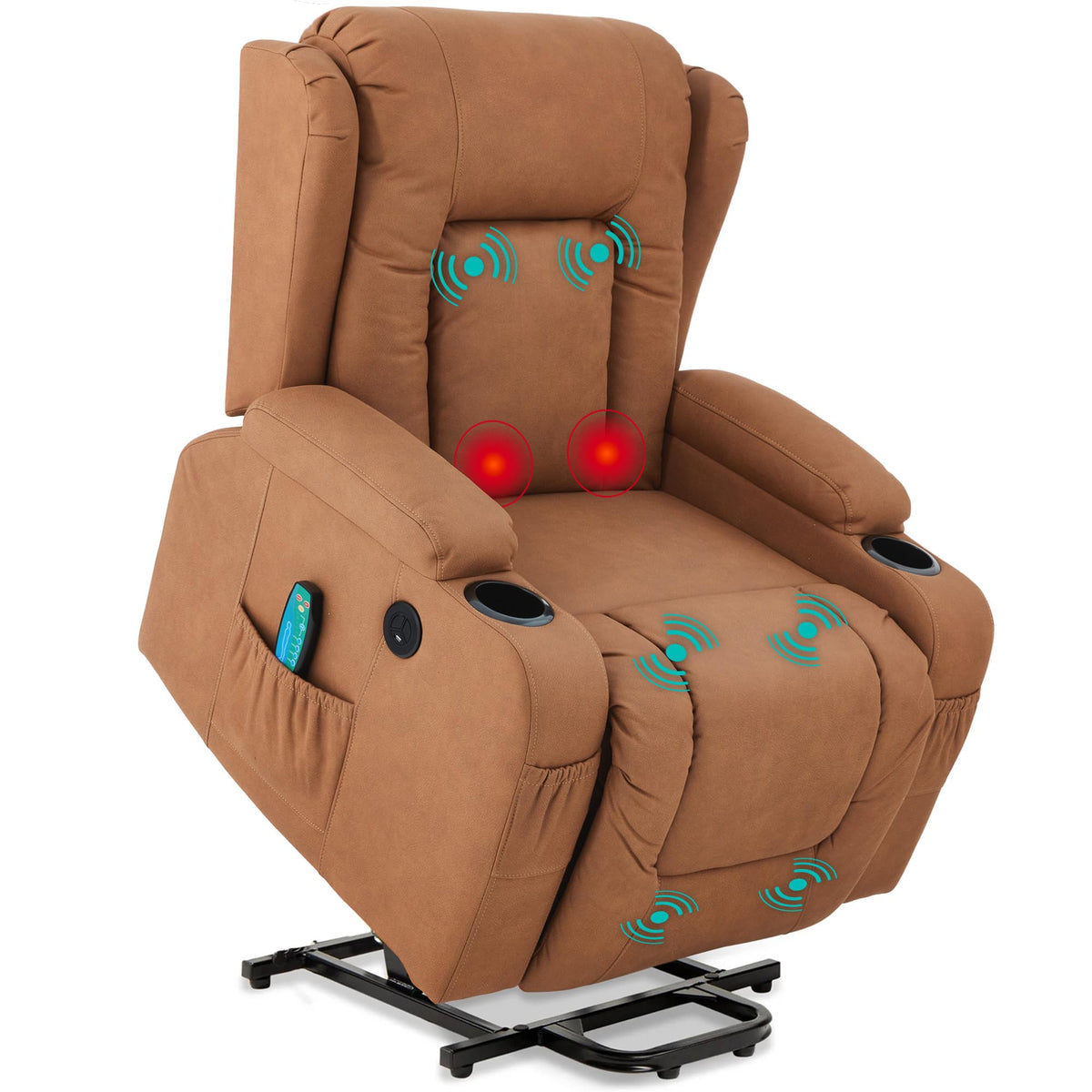 Best Choice Products PU Leather Electric Power Lift Chair, Recliner Massage Chair, Adjustable Furniture for Back, Legs w/ 3 Positions, USB Port, Heat, Cupholders, Easy-to-Reach Side Button - Cognac