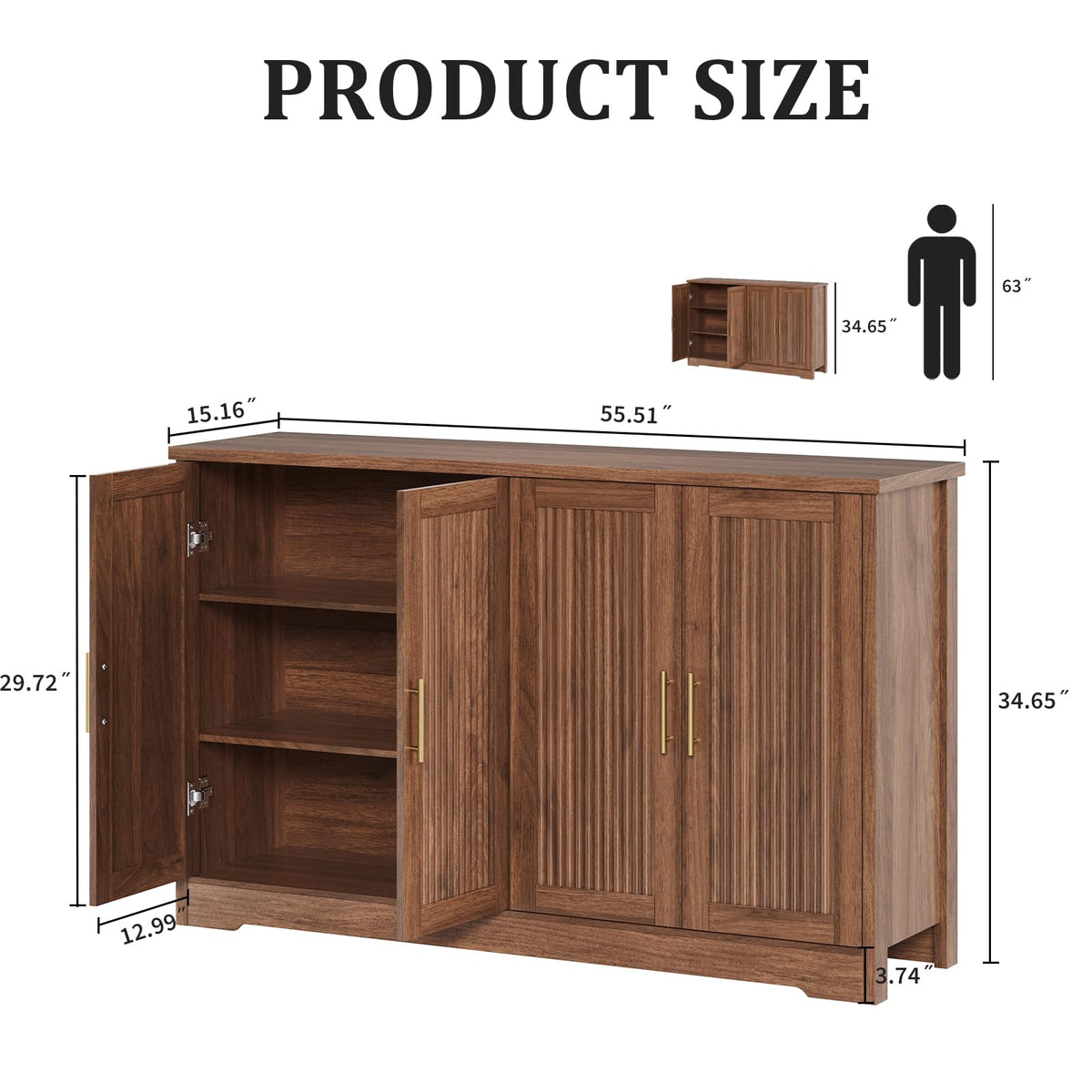 55.51" Fluted Sideboard Buffet Cabinet for Dining Room, Kitchen, Walnut