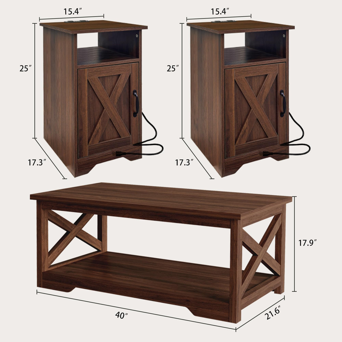 Walnut 3-Piece Coffee Table Set