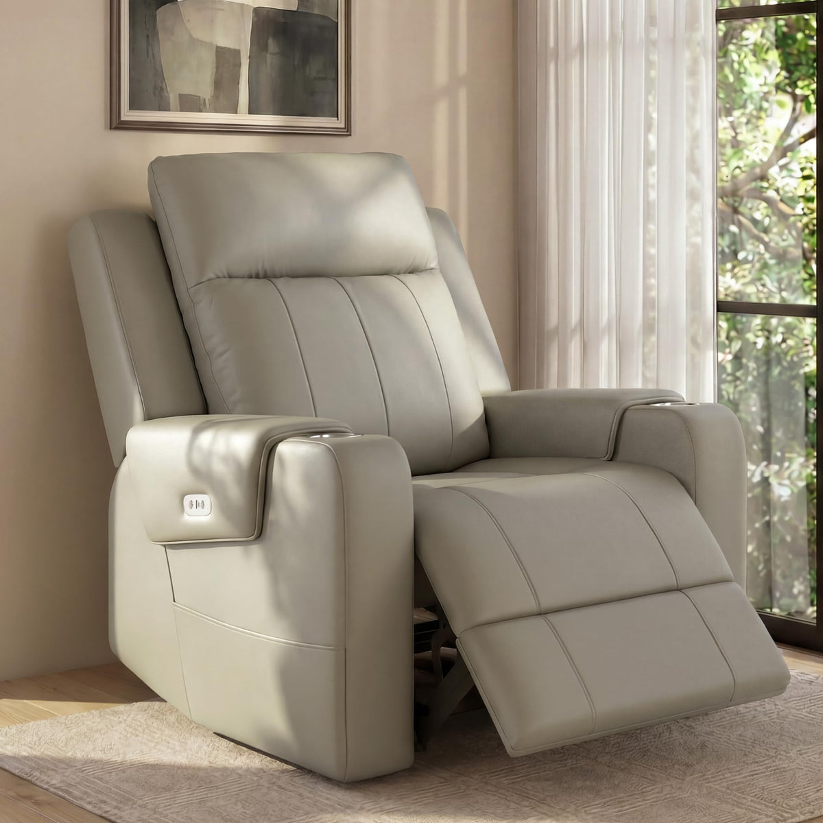 FLEXISPOT Truffle Top Grain Leather Power Wall Hugger Recliner, Beige