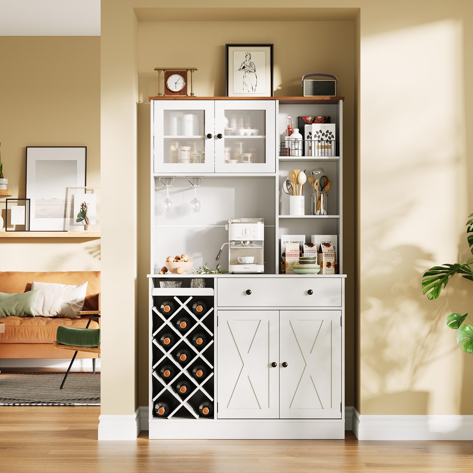 Hetoy 72" Tall Kitchen Pantry Cabinet with Power Outlet – Barn Doors, Wine Bottle Rack & Ample Storage – Modern Sideboard Buffet for Dining Room, Kitchen, or Home Bar