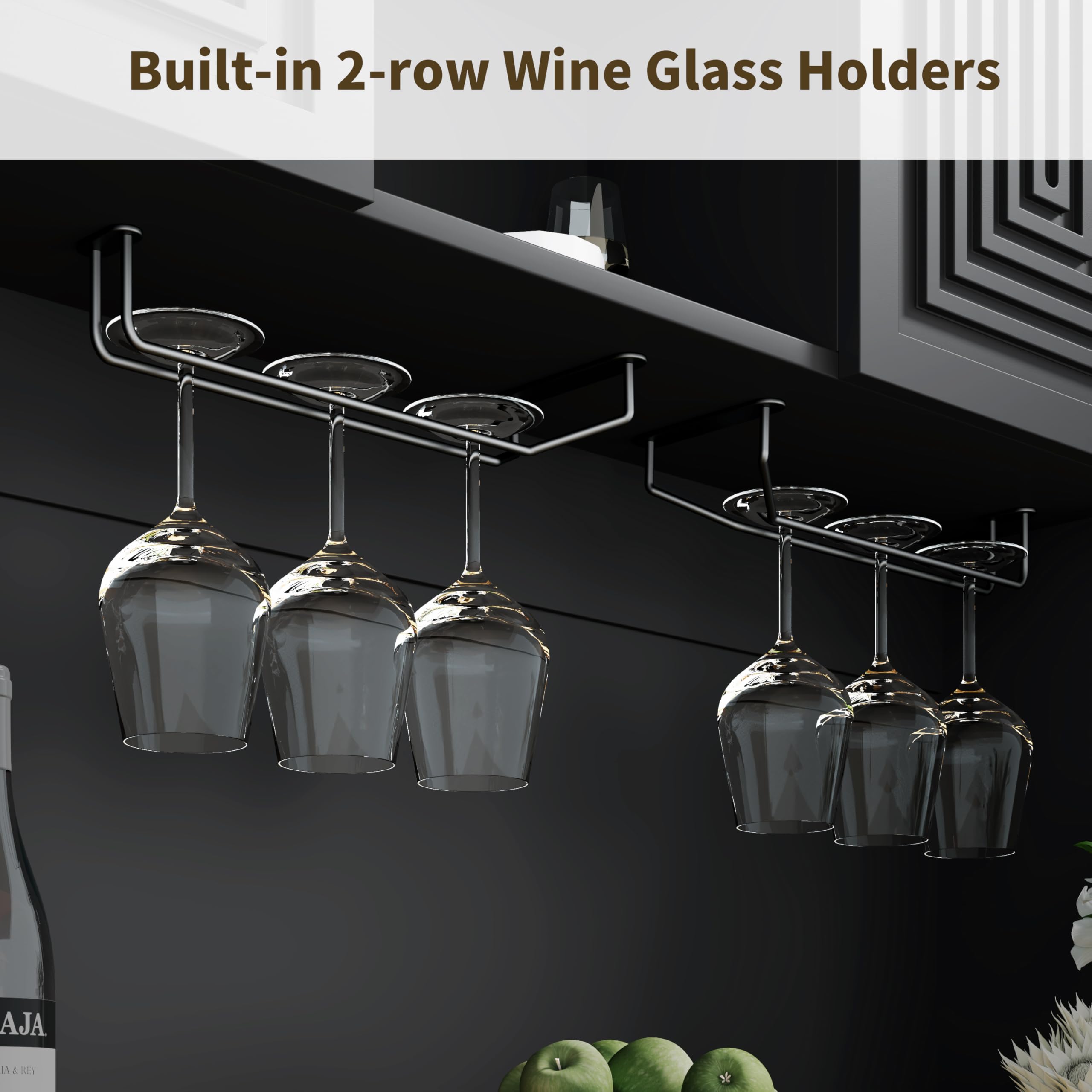 Gyfimoie 71-Inch Tall Wine Bar Cabinet with LED Lights, Modern Fluted Coffee Bar Cabinet with Charging Station & 9-Cube Wine Glass Rack, Pantry Hutch for Dining Room and Kitchen (Black)