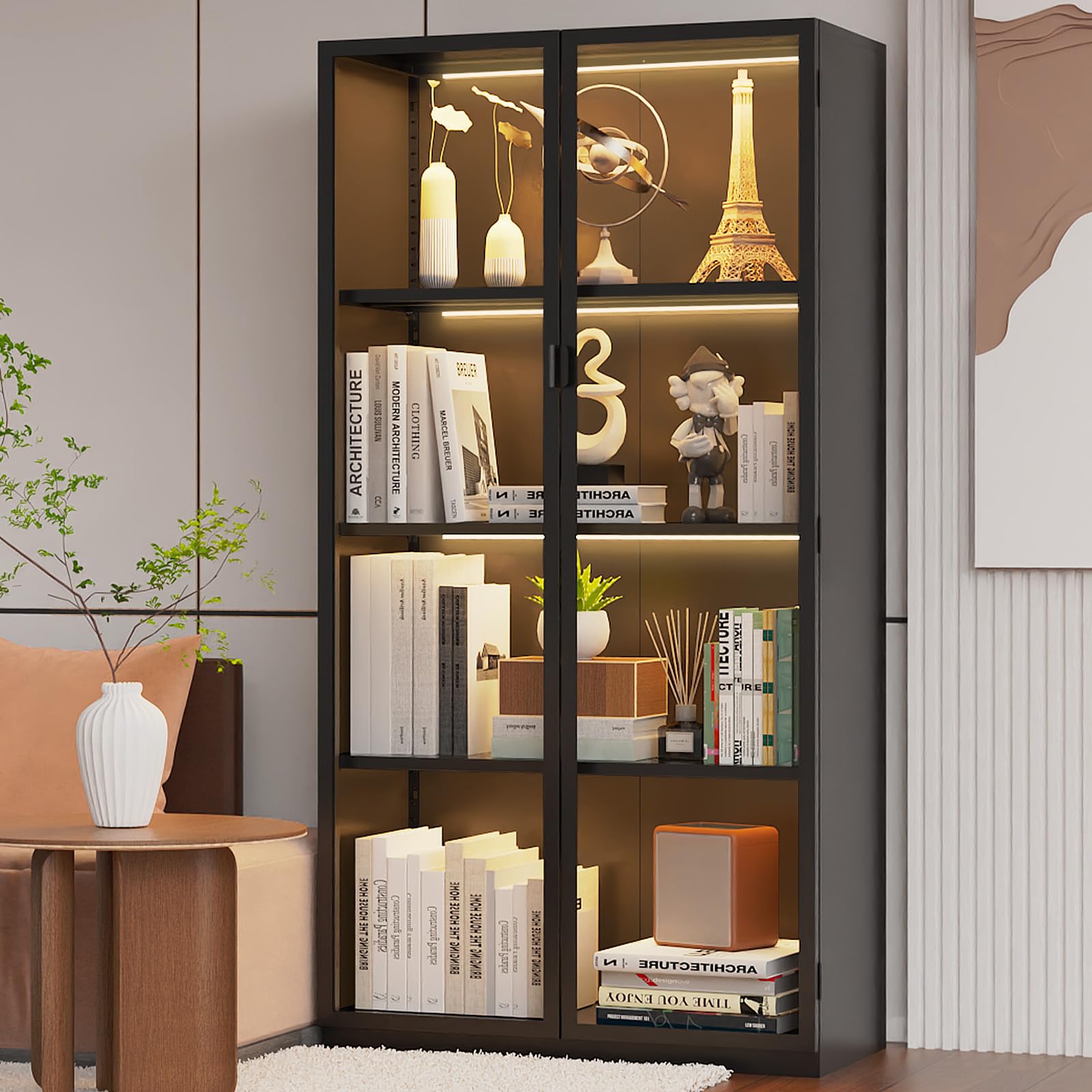 Kelueo 63" H Display Cabinet with Glass Doors,Tall Display Cabinet with LED Lights,Display Case for Collectibles,Glass Display Cabinets with 3 Adjustable Shelves for Living Room,Bedroom,Office