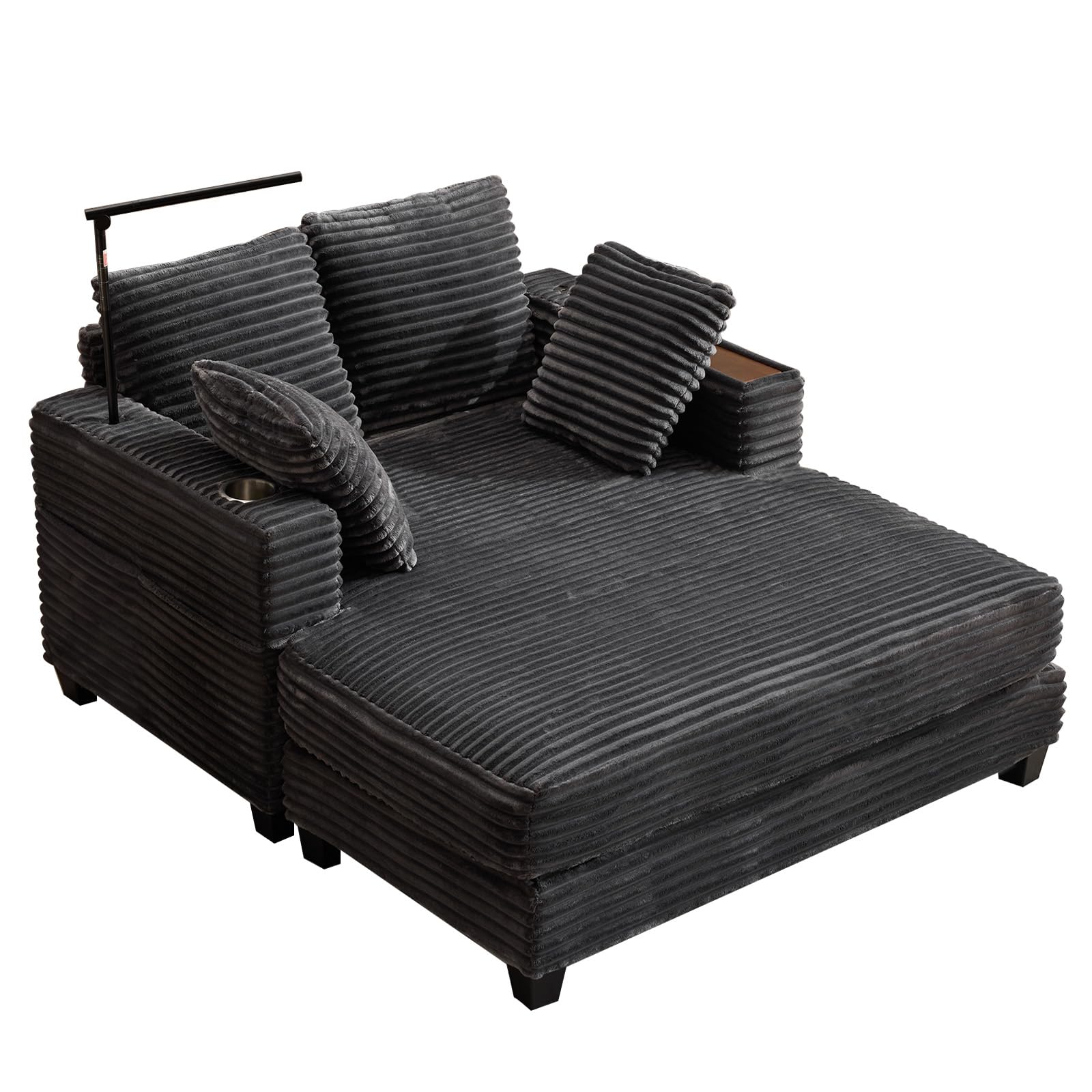 AEDI Oversized Chaise Lounge Chair with Reading Light & USB Charging,Sleeper Sofa with Cup Holder, Solid Wood Frame,for Living Room,Bedroom(Corduroy Grey)