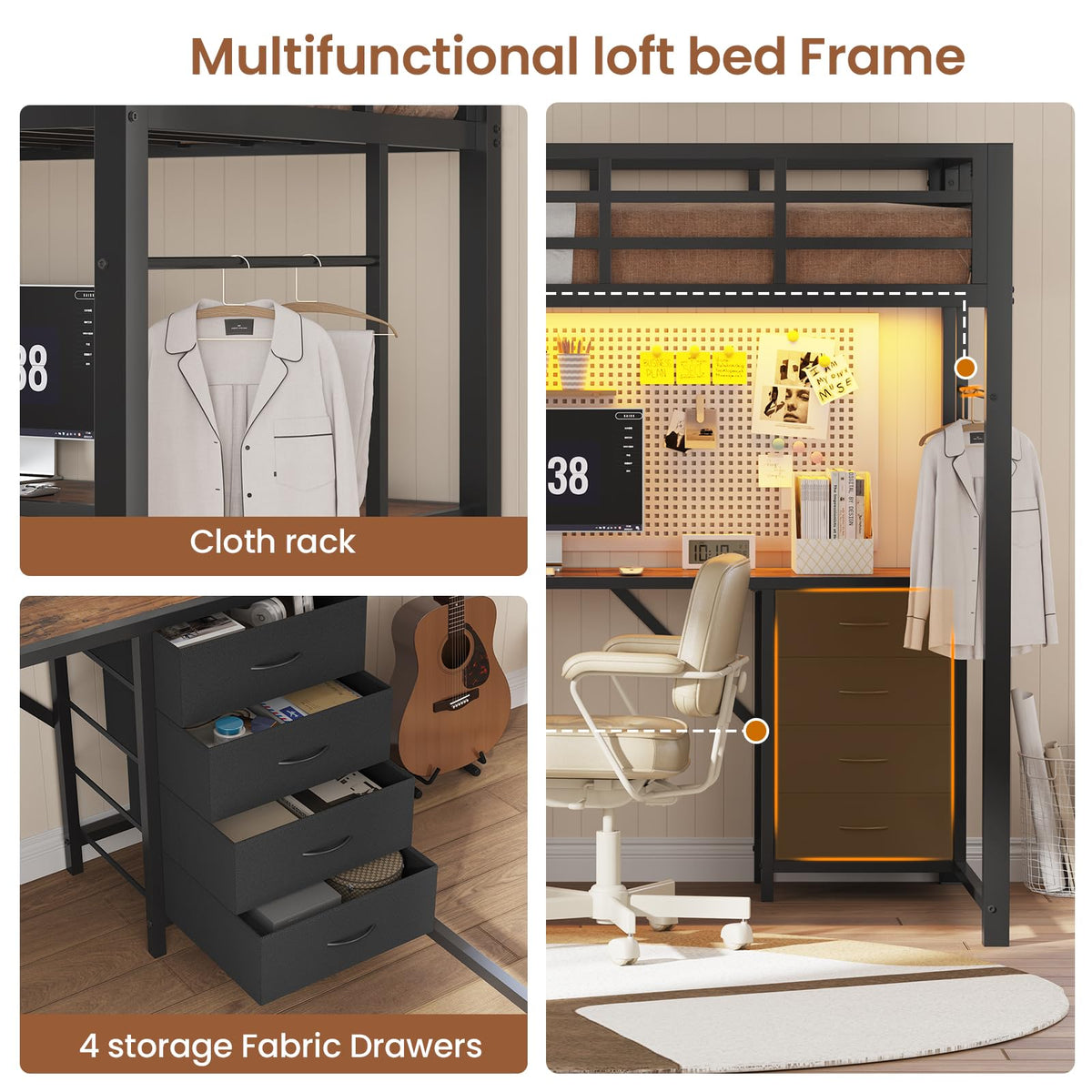 Metal Loft Bed with Desk & Storage