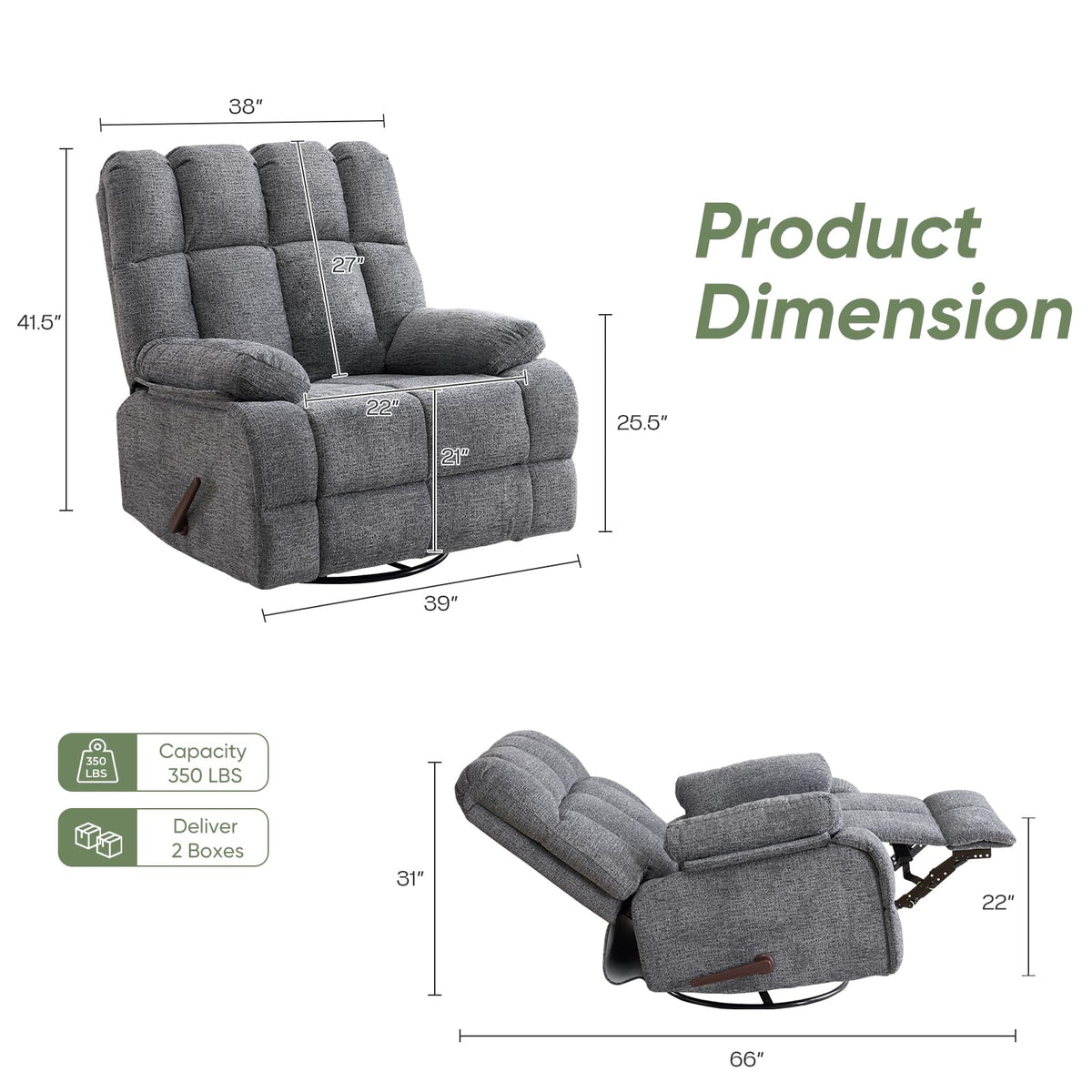Oversized Swivel Rocker Recliner for Adult, Overstuffed Extra Wide Manual Recliner, Rocking Sofa Chair with Soft Padded Headrest and Armrest for Living Room,Chenille Grey