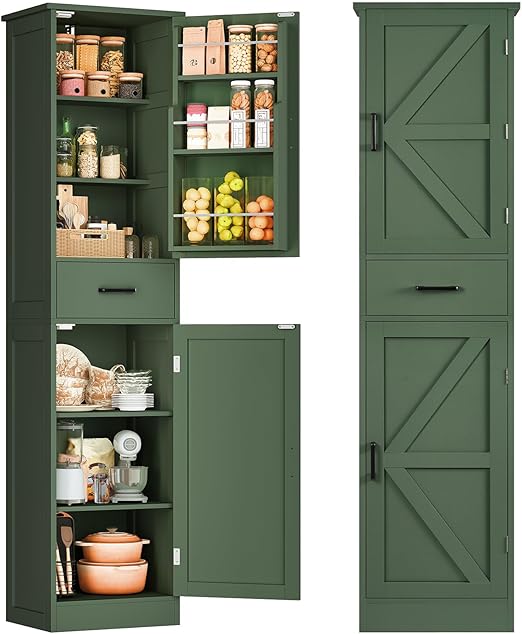 Tall Narrow Storage Cabinet with Barn Doors, Drawer & Adjustable Shelves