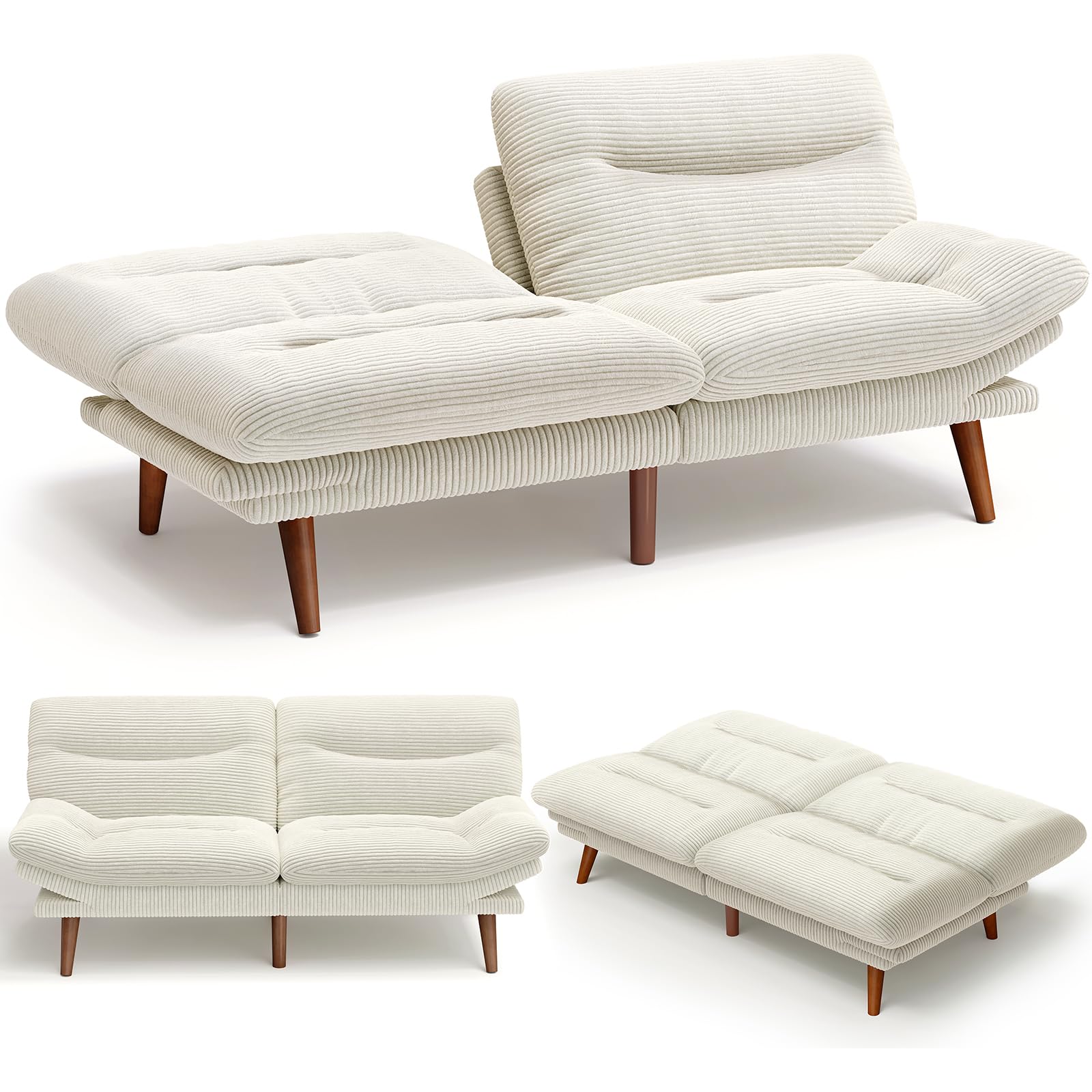 AMADA 66"Convertible Futon Sofa Bed, Corduroy Folding Futon Set with Adjustable Backrest &Armrests, Recliner Lounge for Living Room, Apartment or Office, Solid Wood Frame, Loveseat Sofa - Beige White