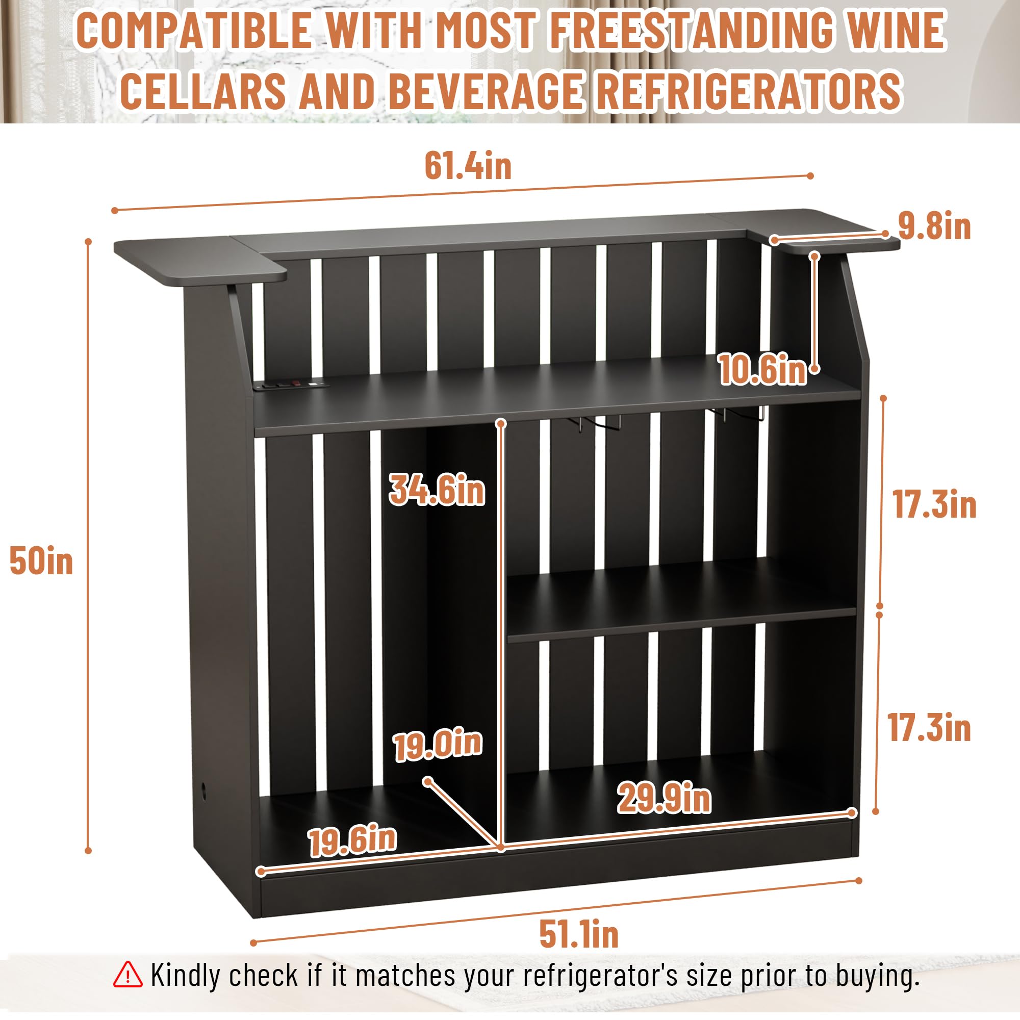U-Shape Bar Table, Home Bar Unit with Fridge Space, 4 Tier Liquor Wine Cabinet with LED Light, Power Outlet, Wine Glass Holder, Modern Mini Bar with Storage for Living Room, Basement, Home Pub, Black