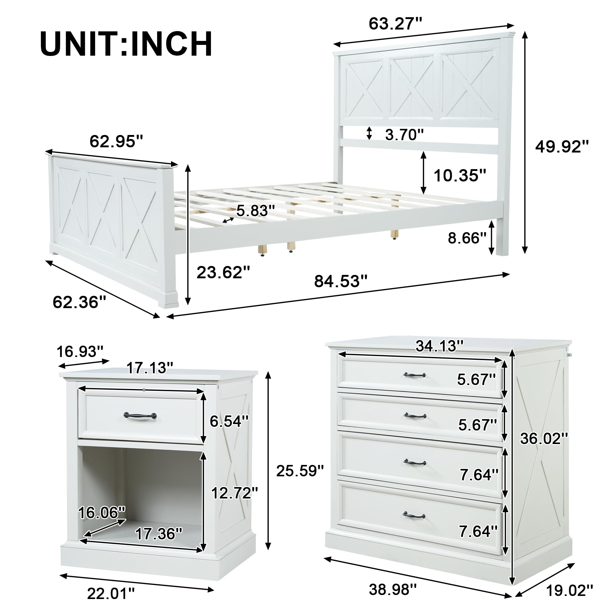 4 Piece Bedroom Set, Farmhouse Queen Size Bedroom Furniture Sets with Storage Nightstands and 1 Dresser, Bedroom Furniture Sets with Wooden Platform Bed Frame for Bedroom, White