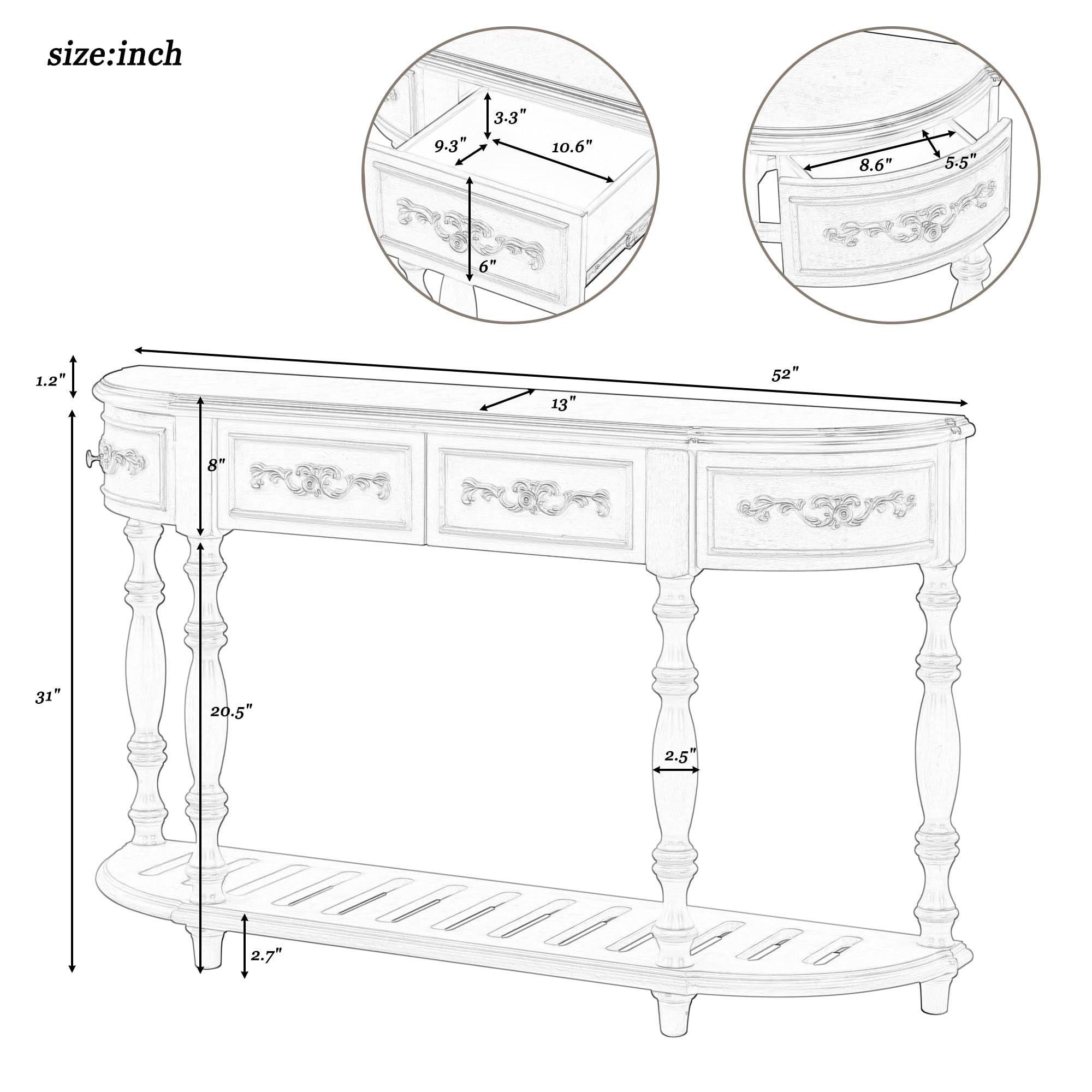 Amposei Retro Wood Curved Entryway Console Table 52-Inch Half Moon Hall Sofa Table with Drawers & Shelf for Living Room Hallway Foyer Home Accent Furniture, Distressed Finish (Antique Blue)