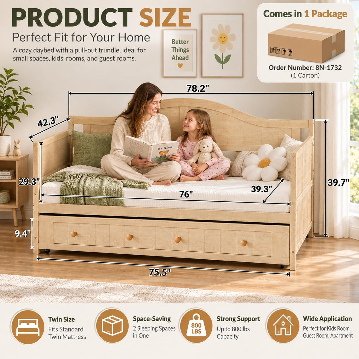 Twin Trundle Bed Frame, Twin Size Daybed with Rolling Trundle, Natural