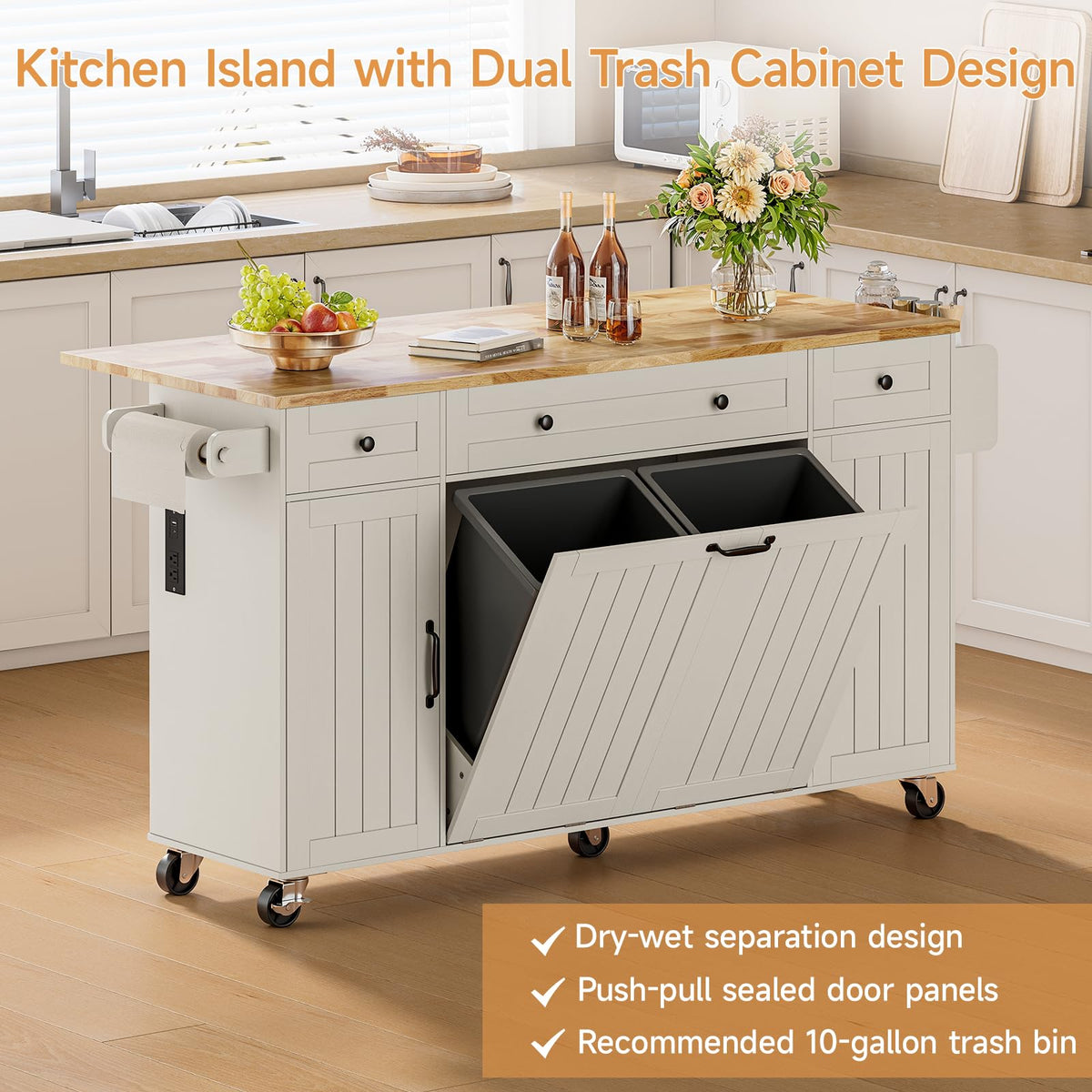 ONBRILL 69" Kitchen Islands with Dual Trash Can Cabinets, White