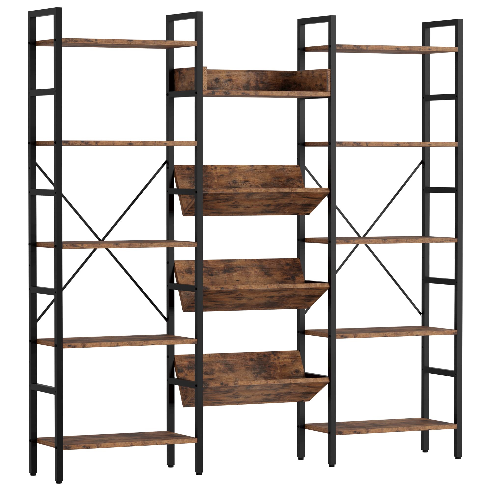 IRONCK Bookshelf, Bookshelves and Bookcases, Triple Wide 5 Tiers Book Shelf with Baffles, Industrial Bookshelf with Metal Frame for Living Room, Home Office