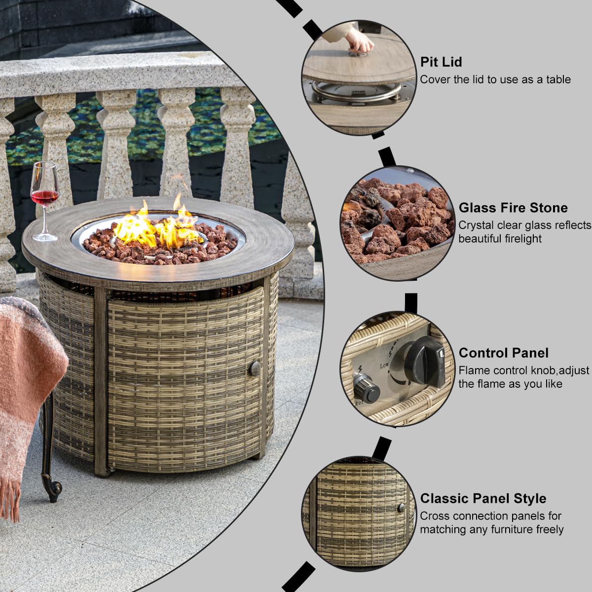 OutVue 32 inch Wicker Rattan Propane Fire Pit Table, 50000 BTU Gas Fire Pit