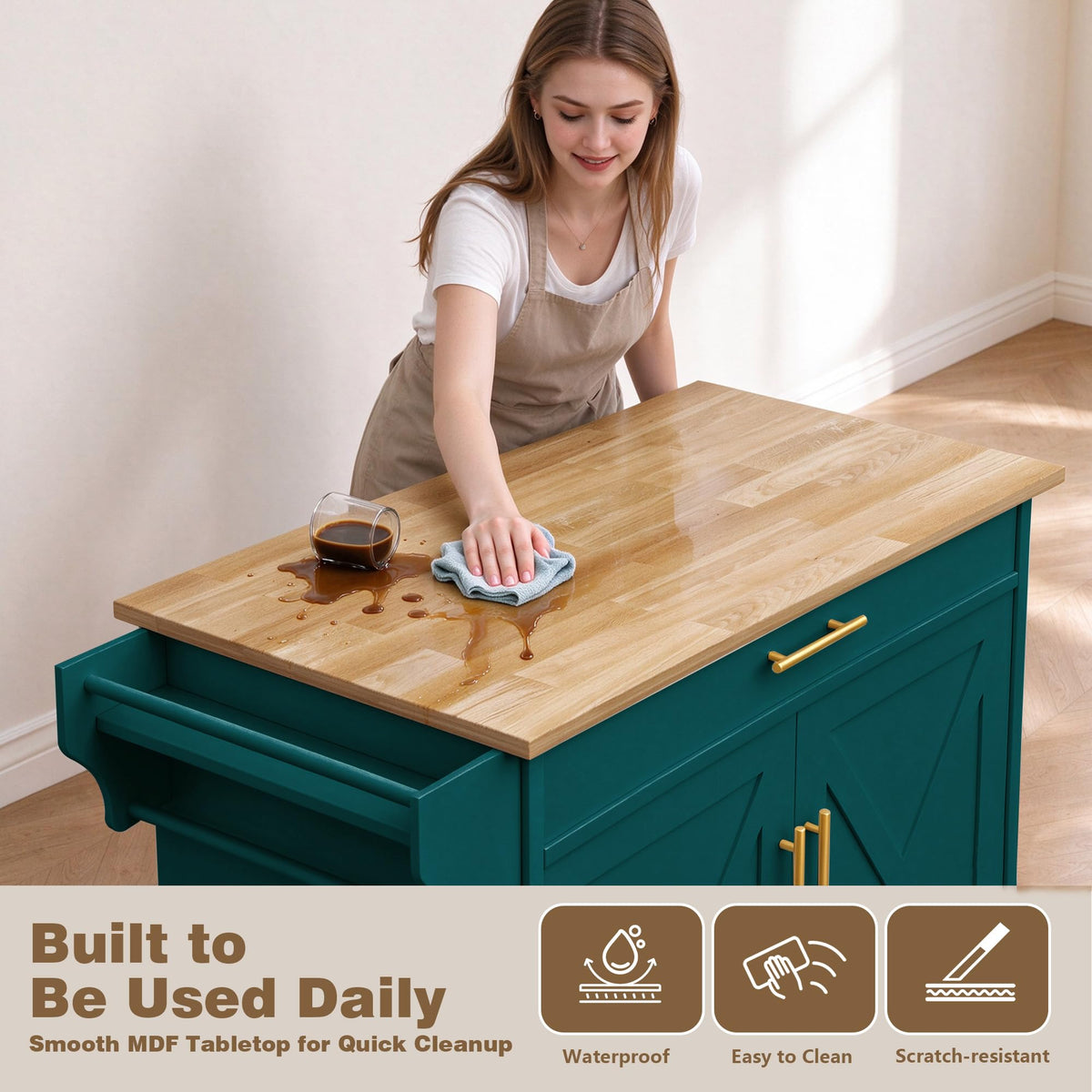 Chireca Kitchen Island with Storage, Rolling Island Table with Drop Leaf